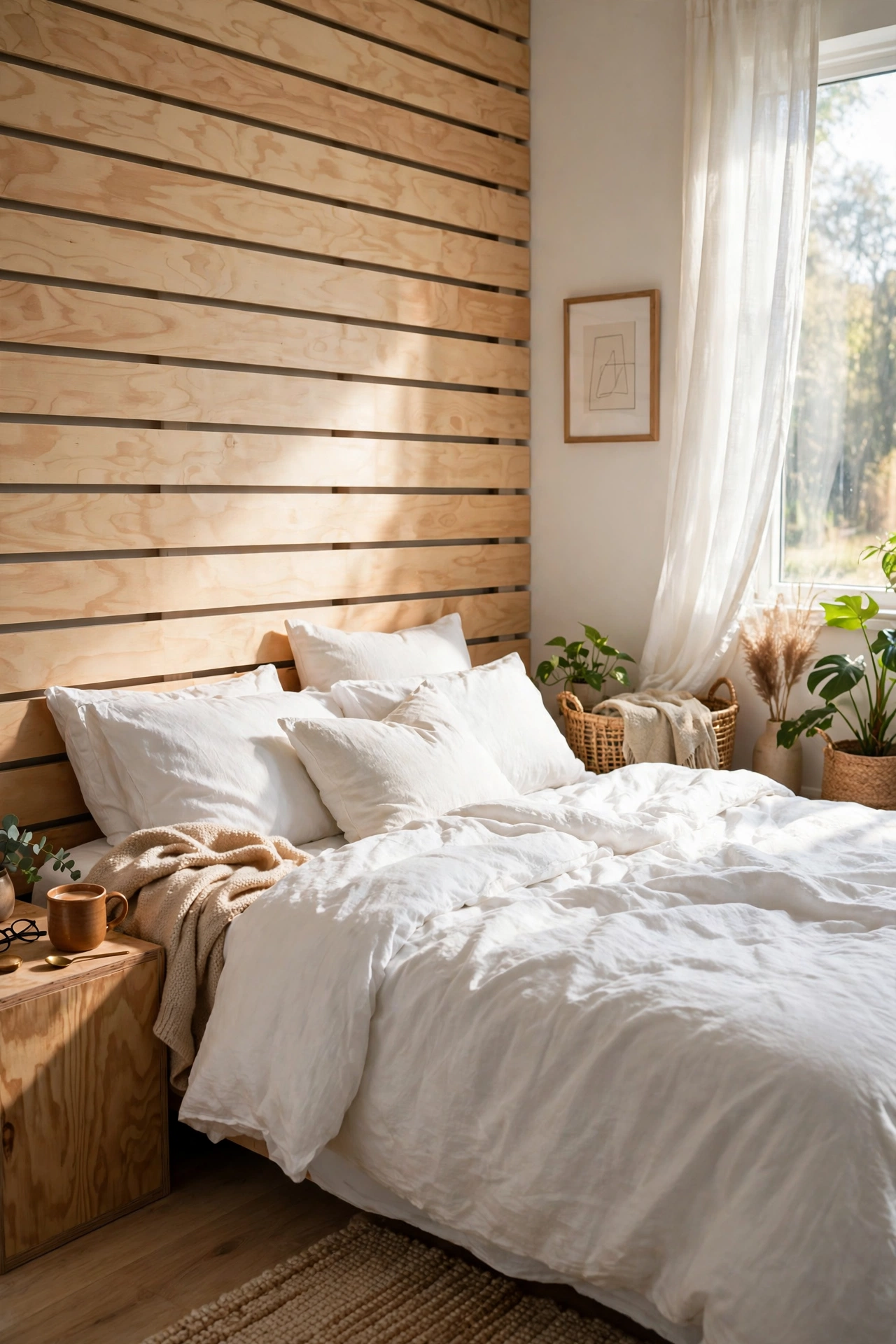 Modern headboard made from horizontal plywood planks with even gaps