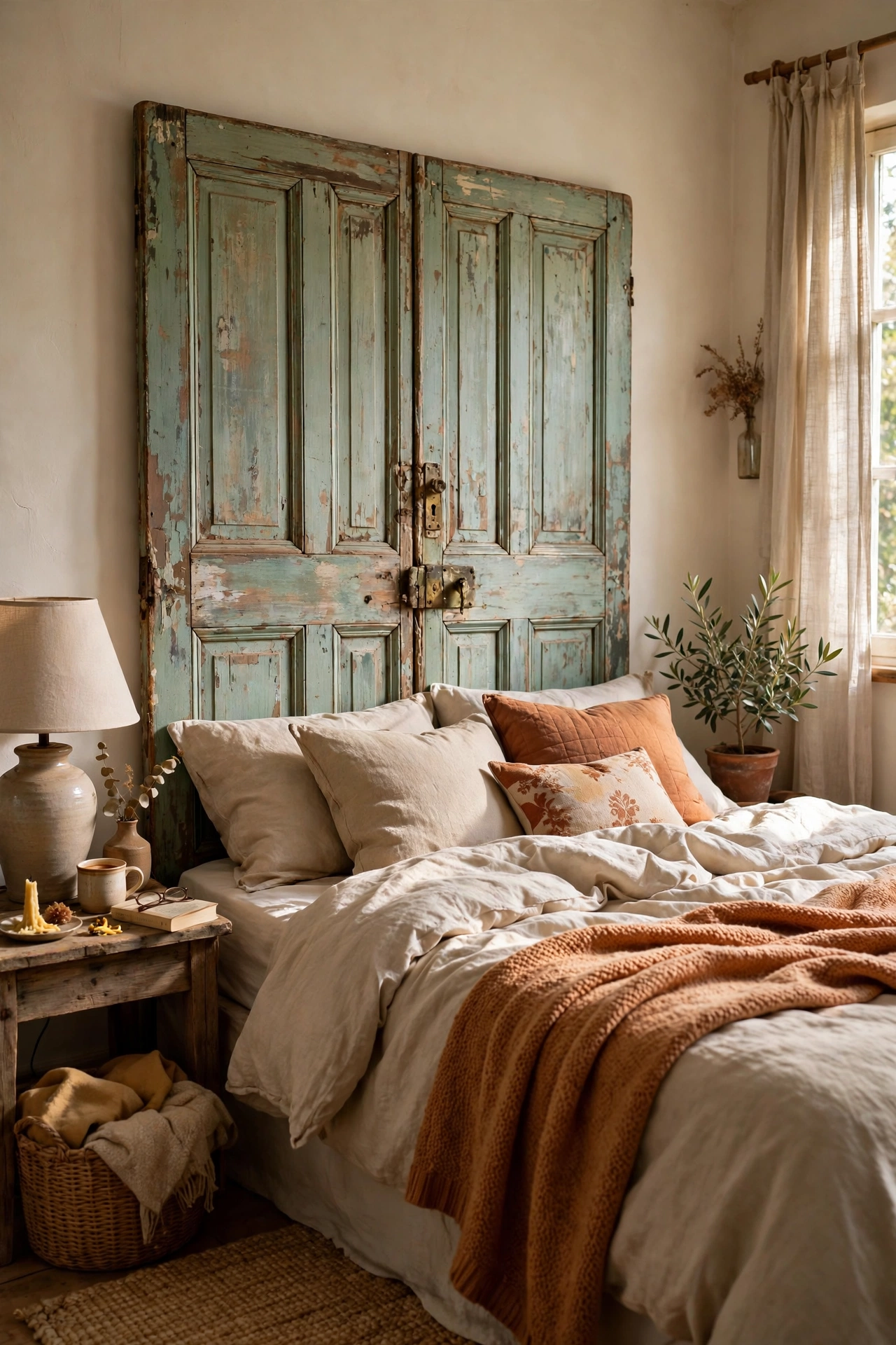 Vintage paneled door repurposed as a headboard bolted to a bed frame