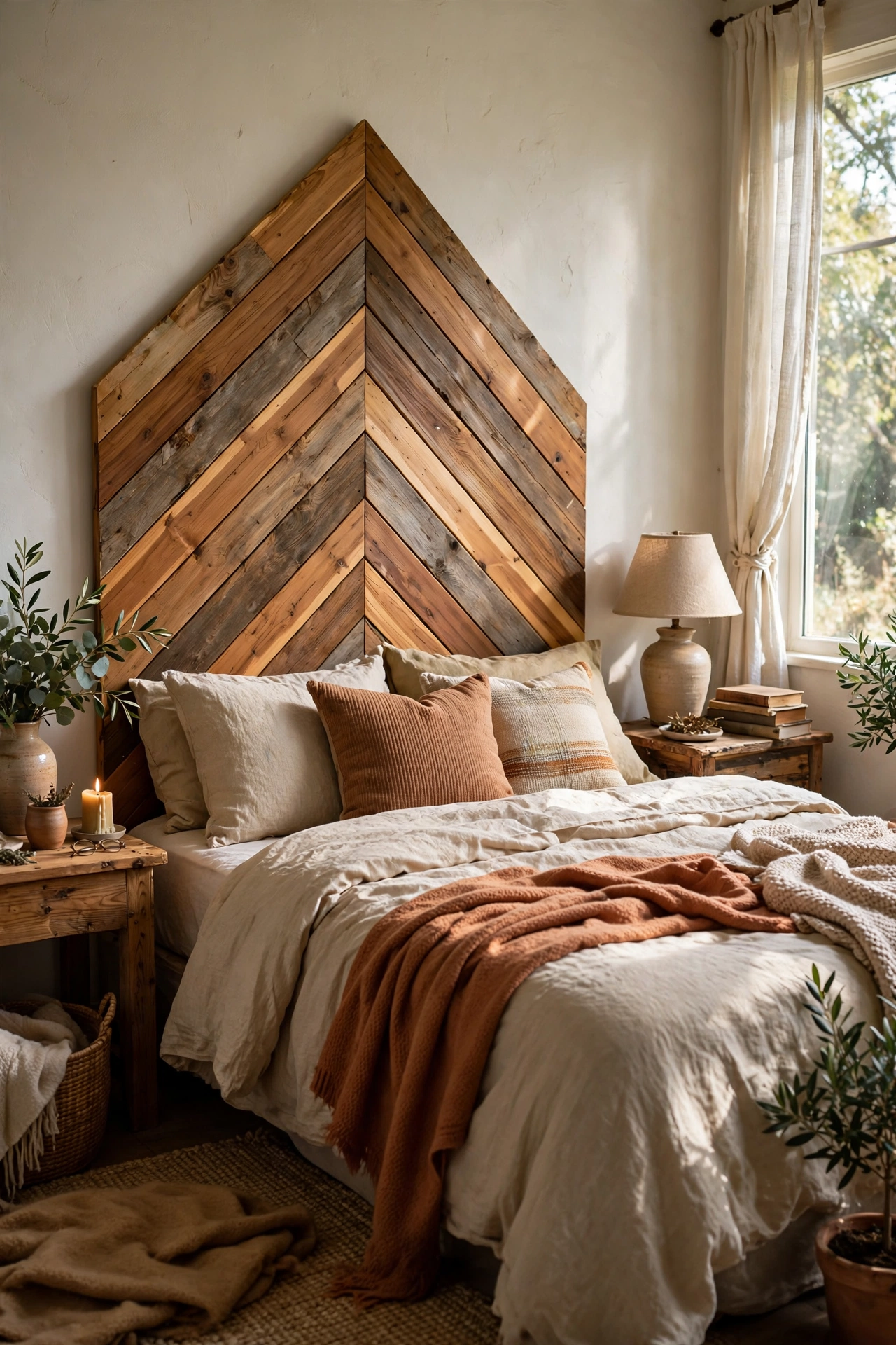 Chevron-pattern headboard made from angled cedar fence boards
