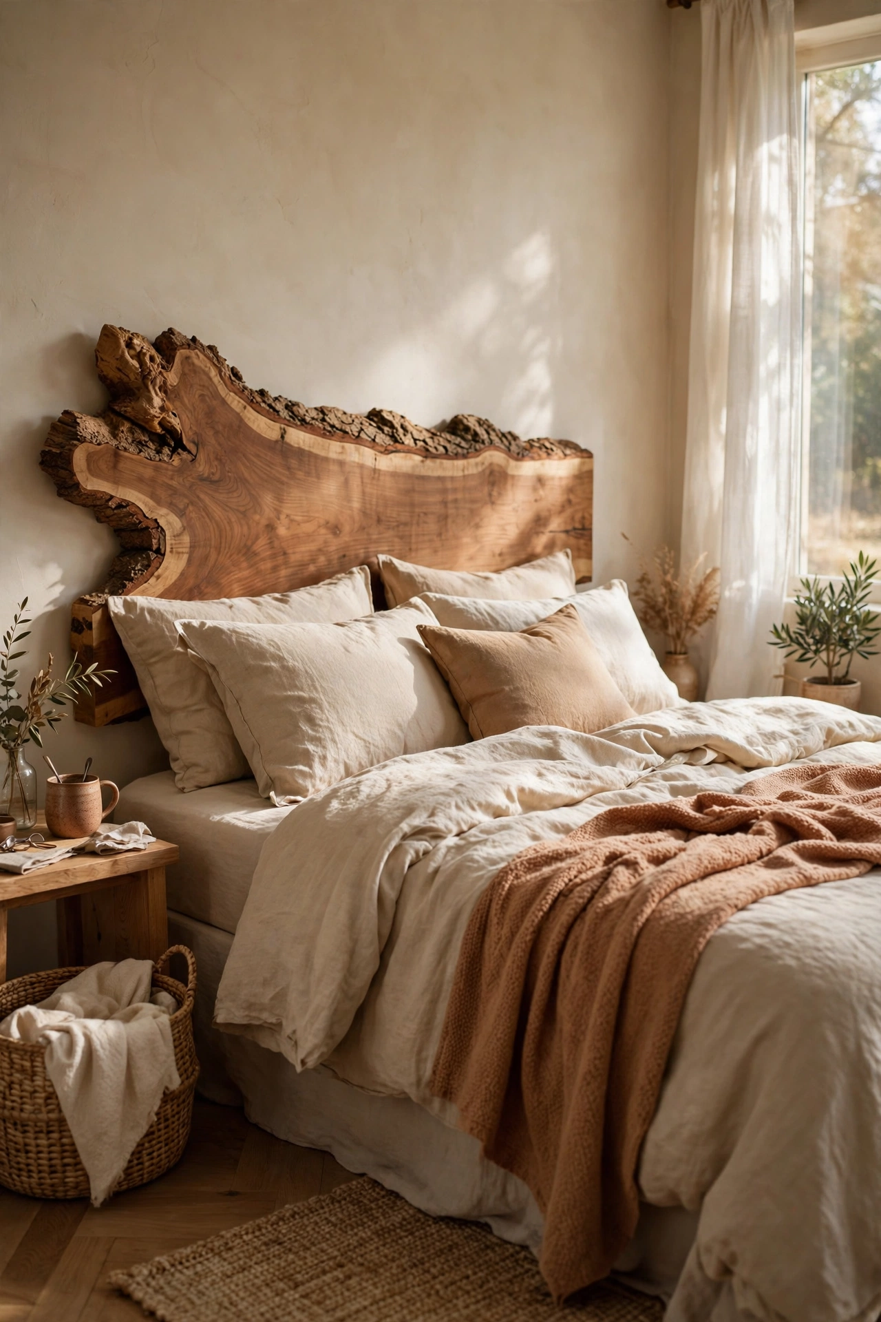 Single live-edge wood slab mounted as a headboard with natural bark edge