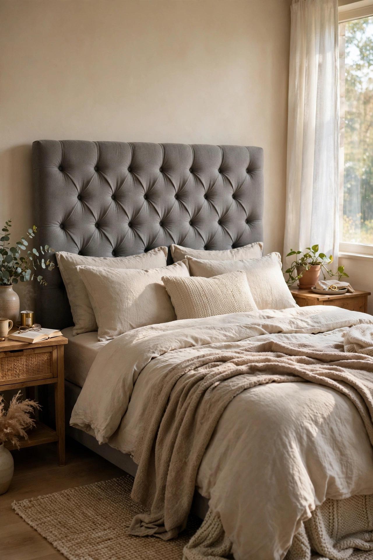 No-sew tufted gray fabric headboard with covered buttons on a bed