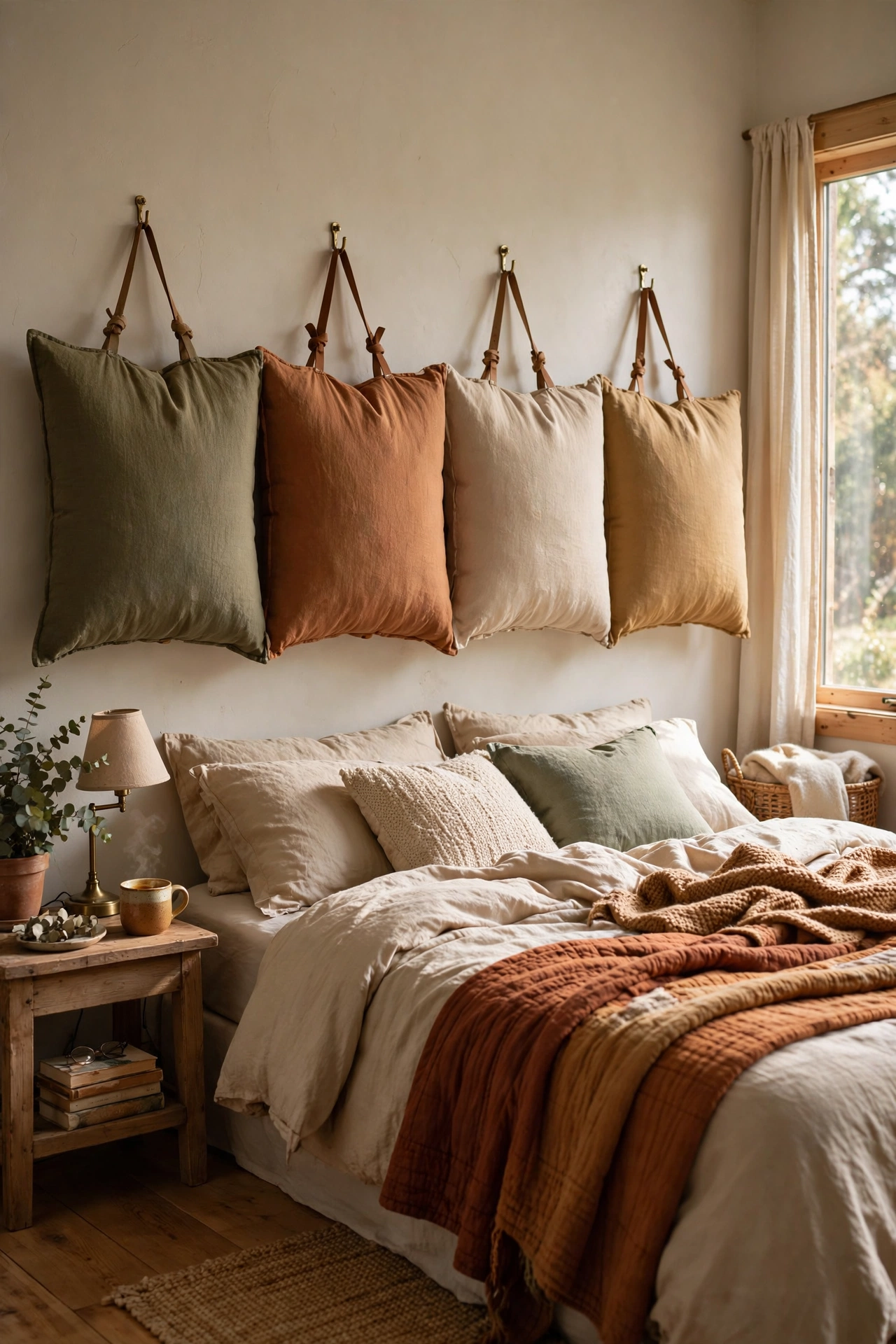 Row of four large floor pillows hung on a wall as a soft headboard