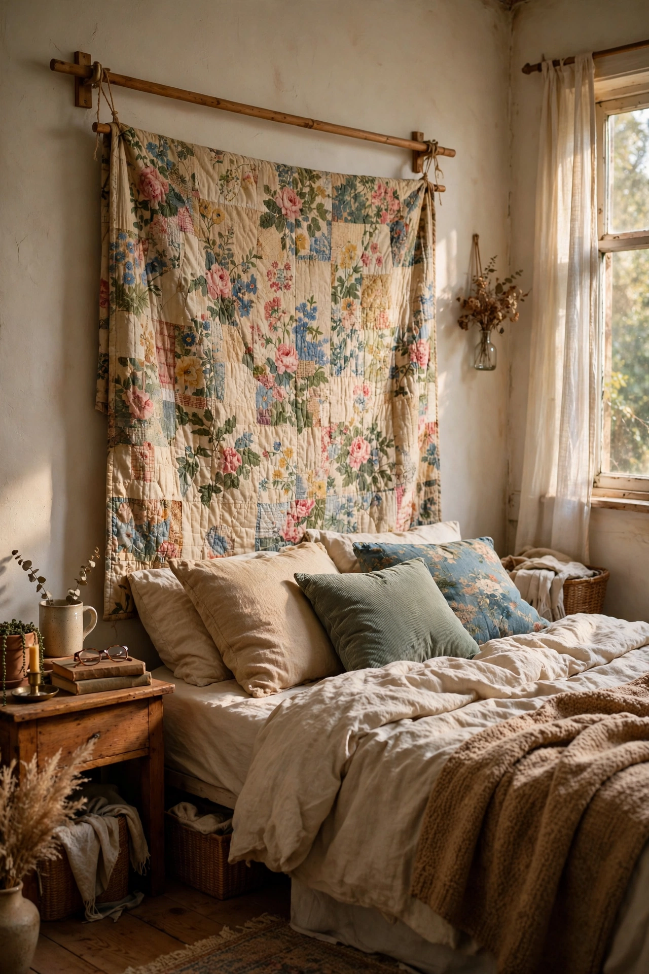 Thrifted floral quilt hung on a dowel as a soft headboard behind a bed