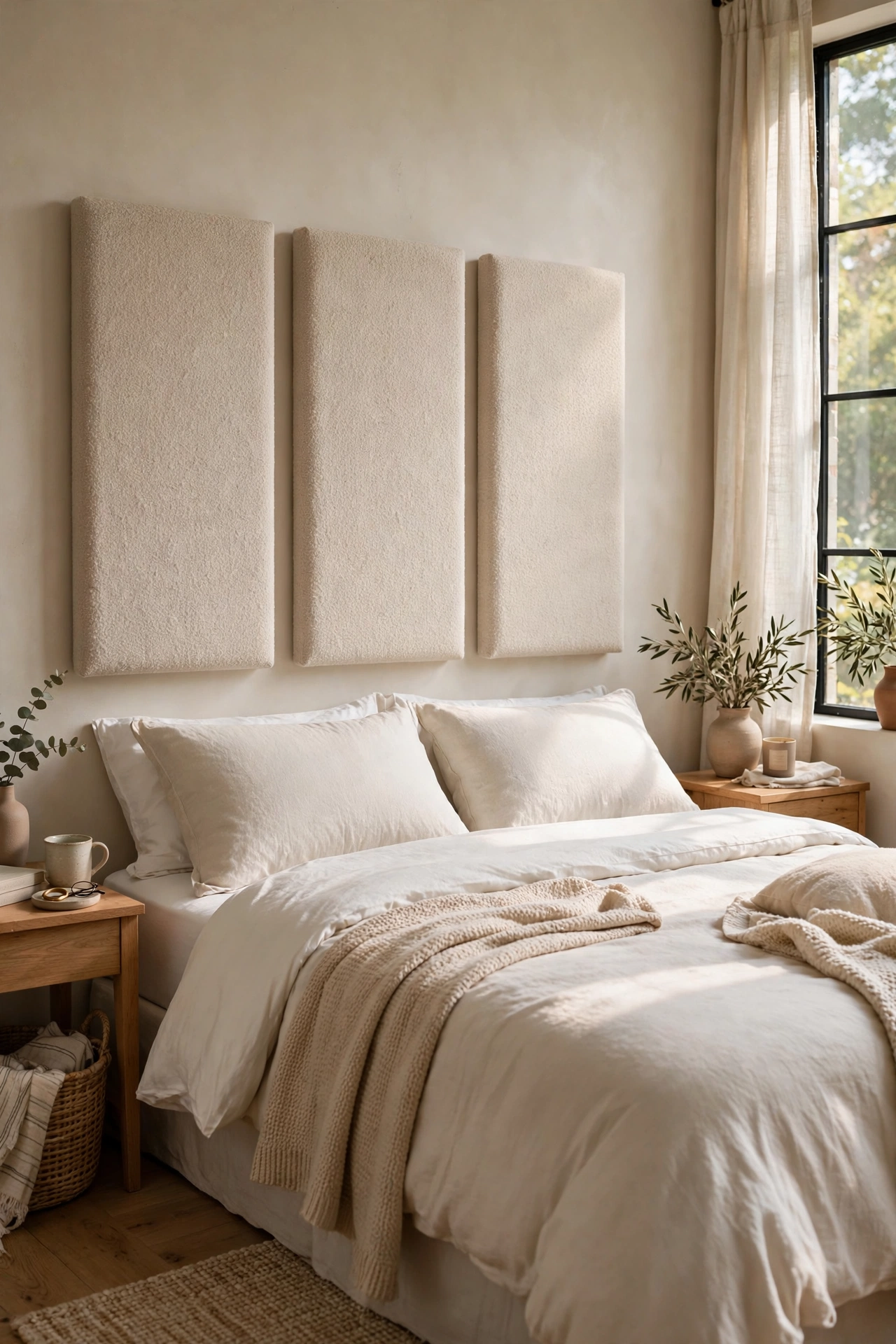 Three fabric-wrapped foam panels mounted as a modern upholstered headboard