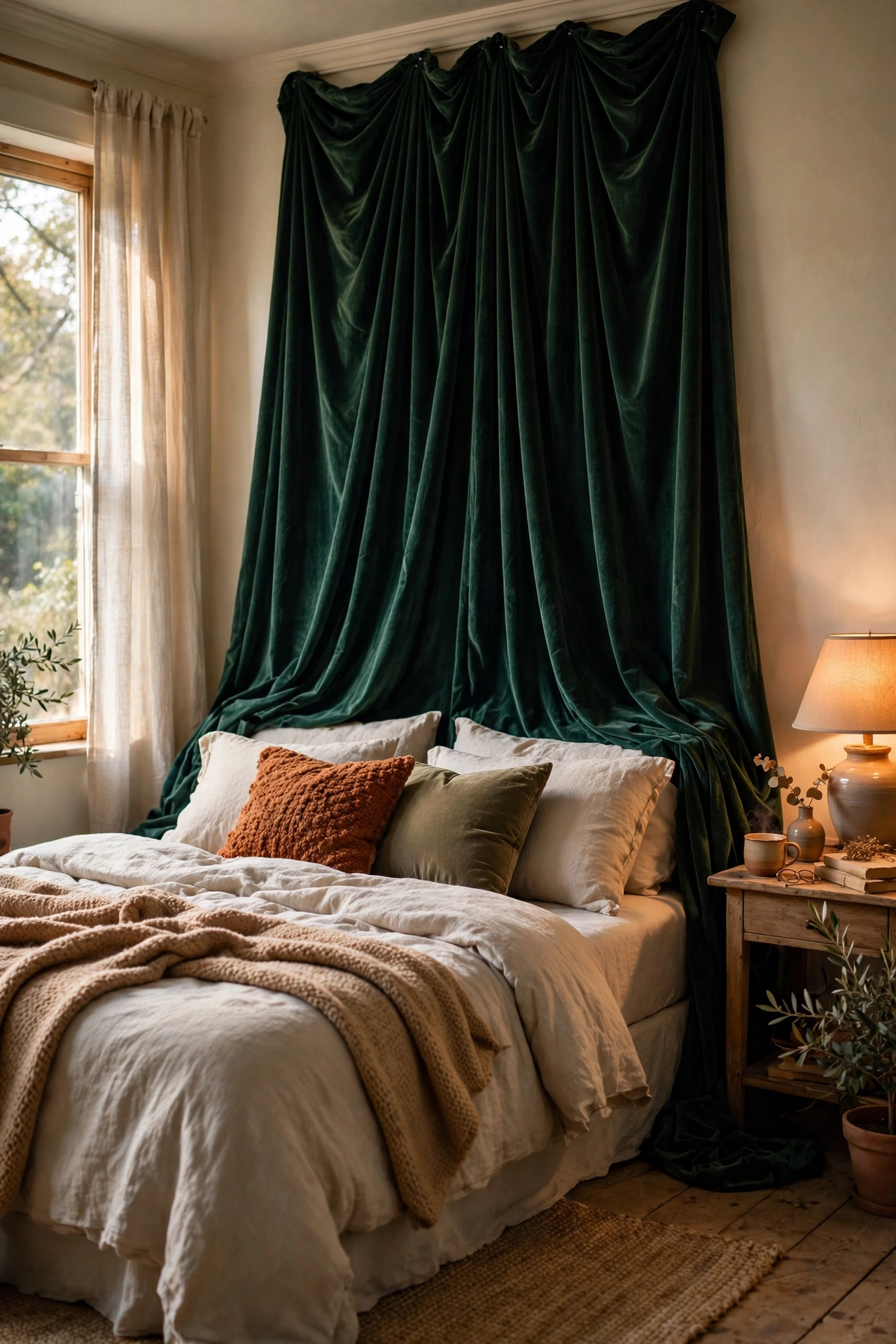 Floor-length velvet curtain panel hung as a draped headboard behind a bed