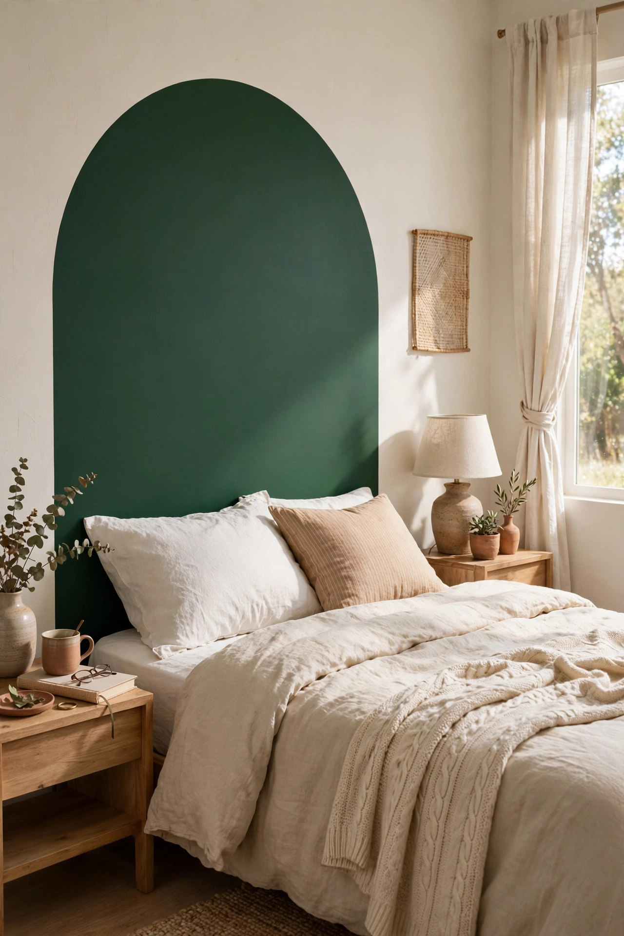 Arched headboard silhouette painted in deep green on a bedroom wall