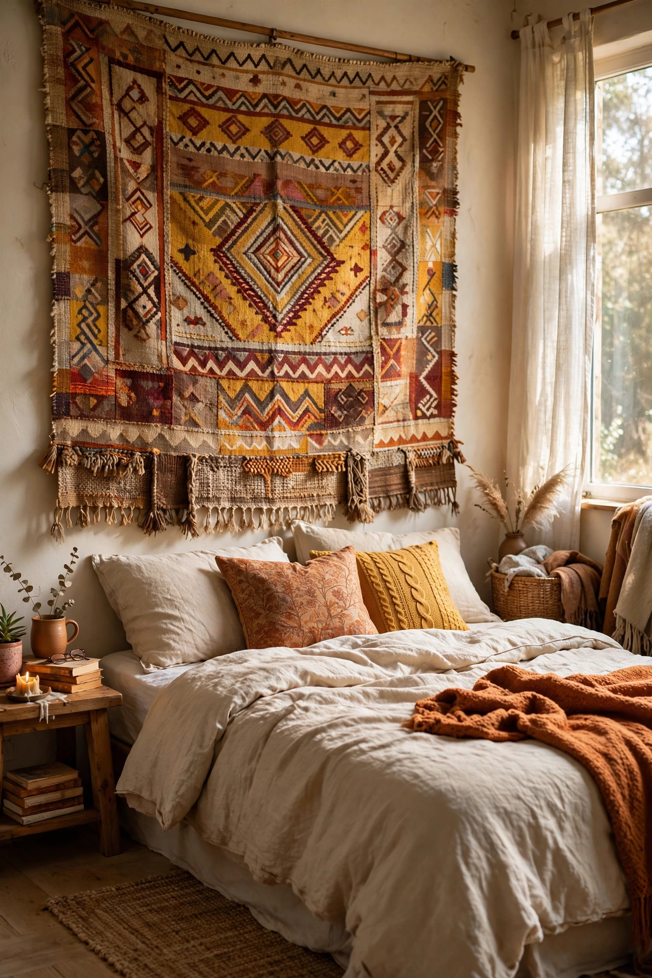 Large woven tapestry hung on a dowel as a headboard behind a bed