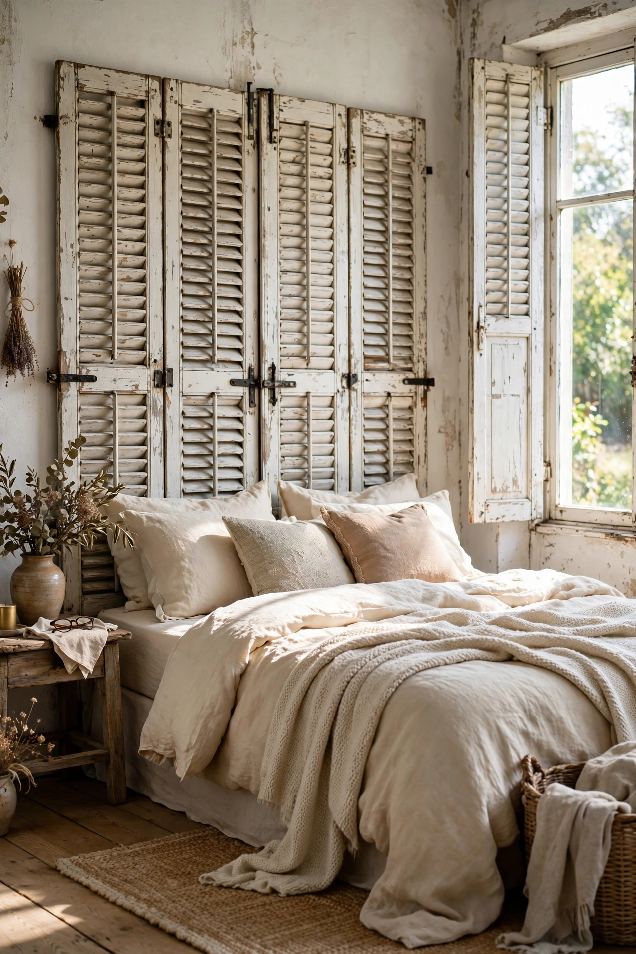 Pair of vintage wooden shutters hinged together as a headboard behind a bed