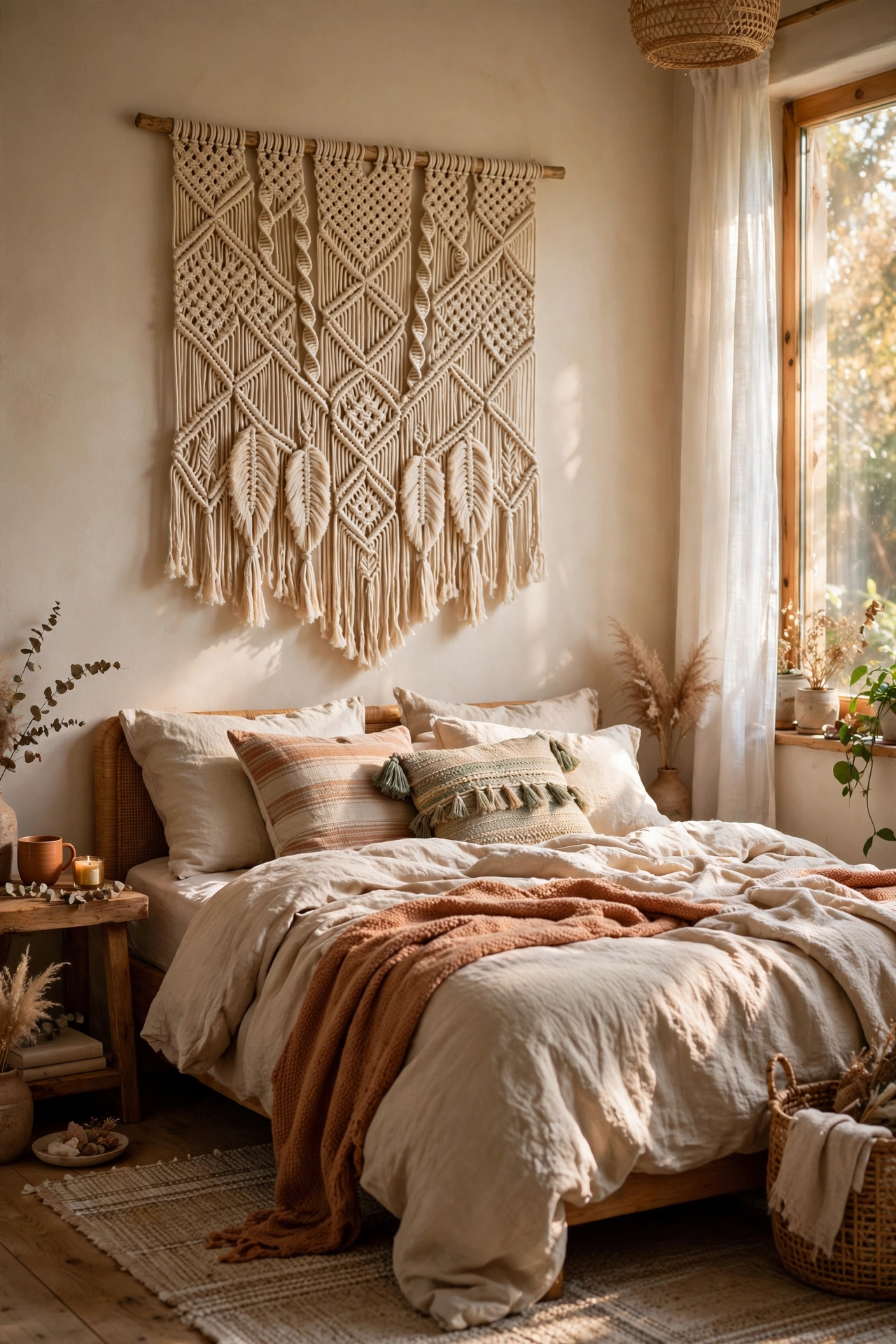 Large macrame wall hanging centered over a bed as a textile headboard