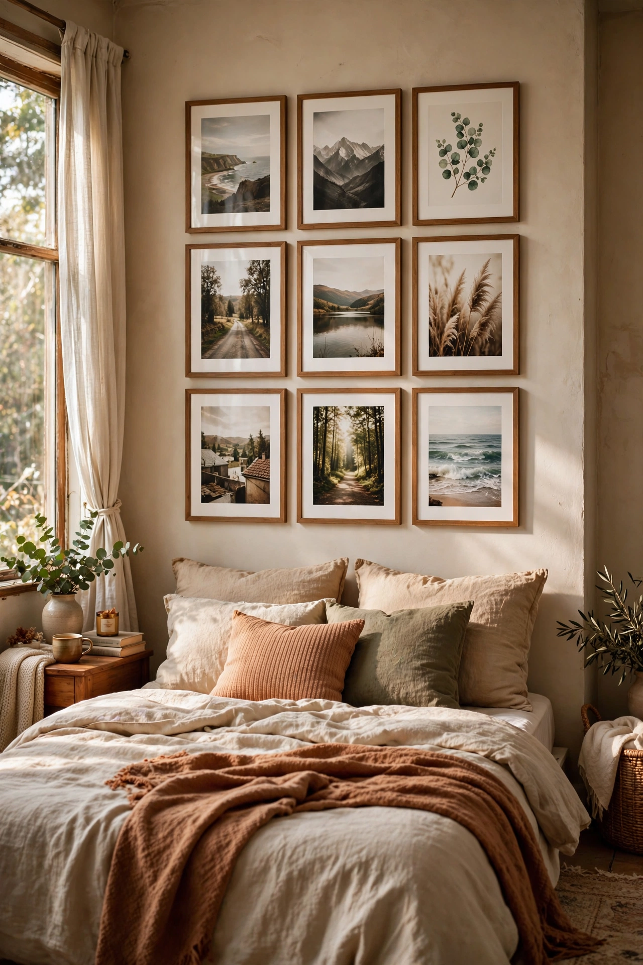 Tight grid gallery wall of nine frames above a bed replacing a headboard