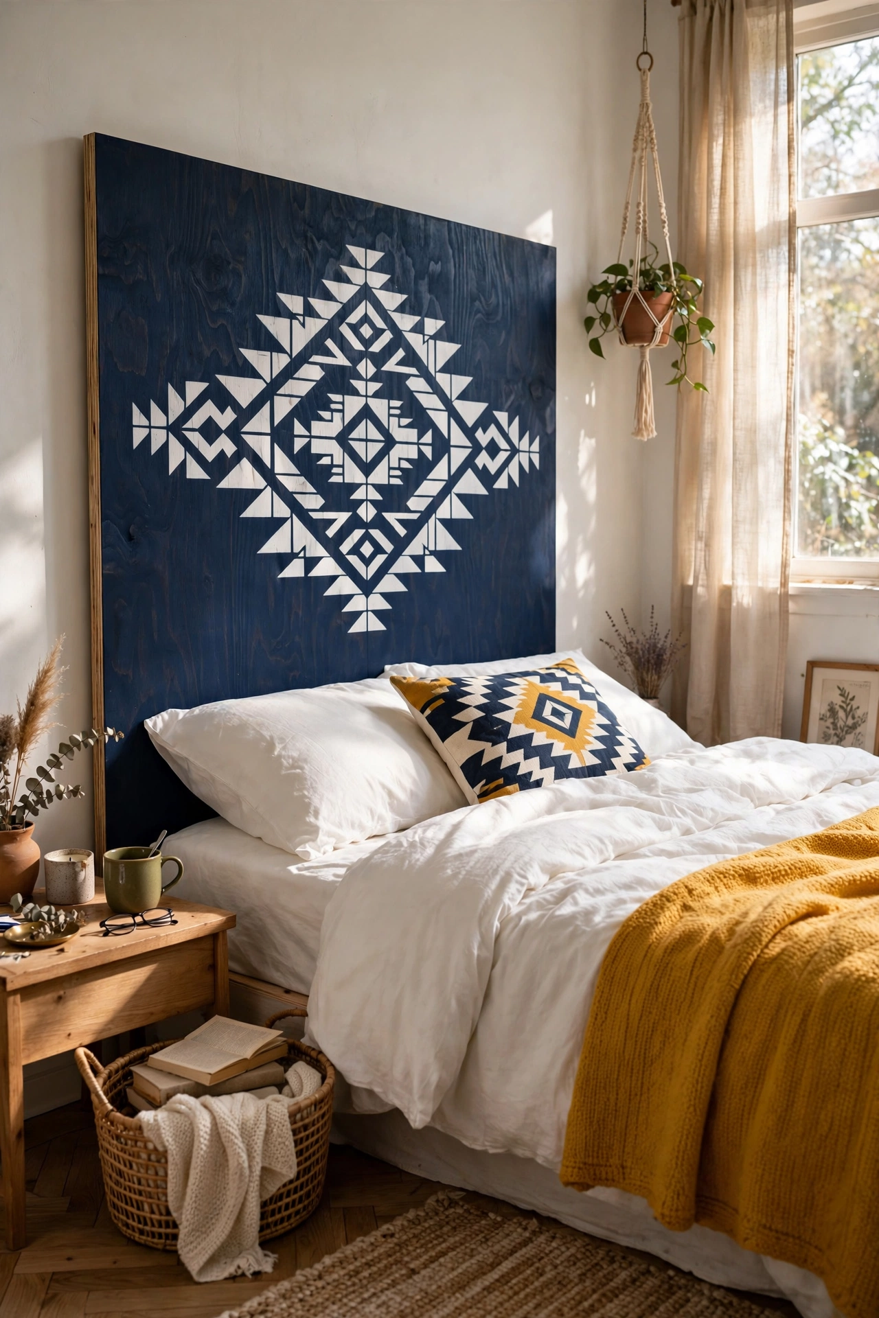 Plywood headboard painted navy with a white stenciled geometric pattern