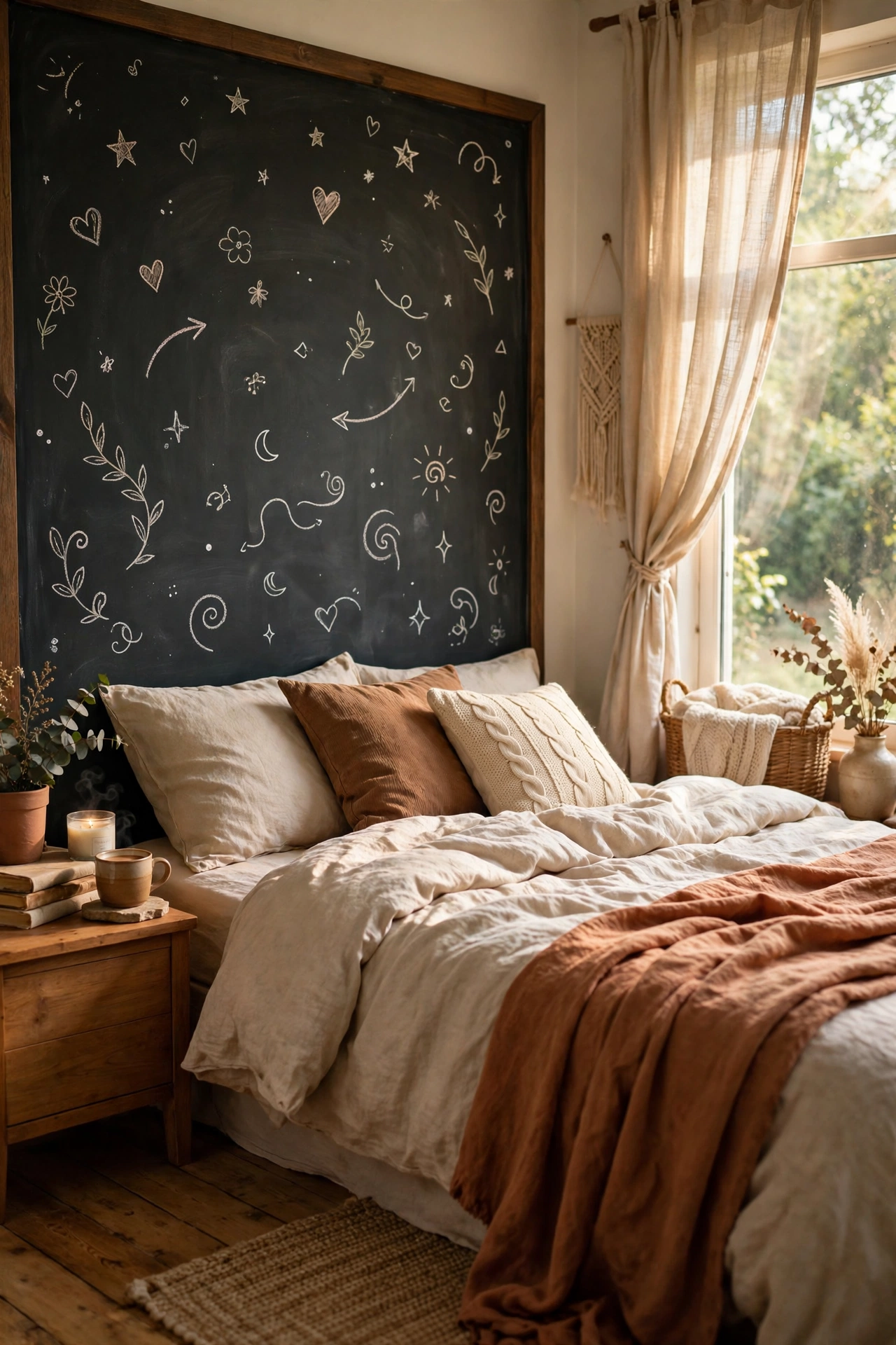Chalkboard-painted plywood panel as a headboard with handwritten quotes