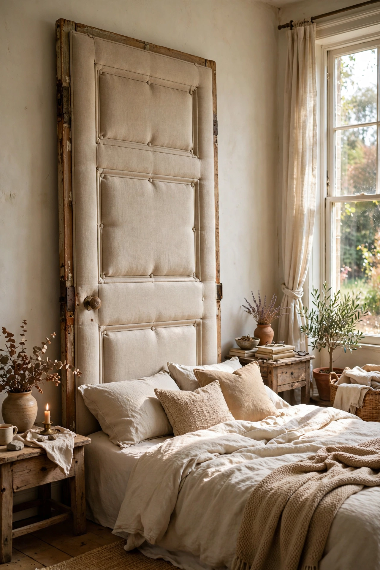 Old door wrapped in batting and oatmeal linen as a tall upholstered headboard
