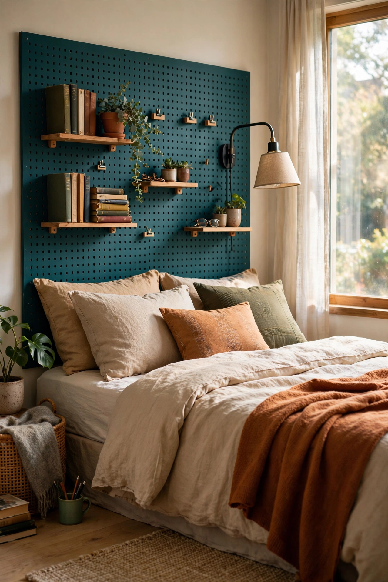 Deep teal painted pegboard headboard with small shelves and hooks behind a bed