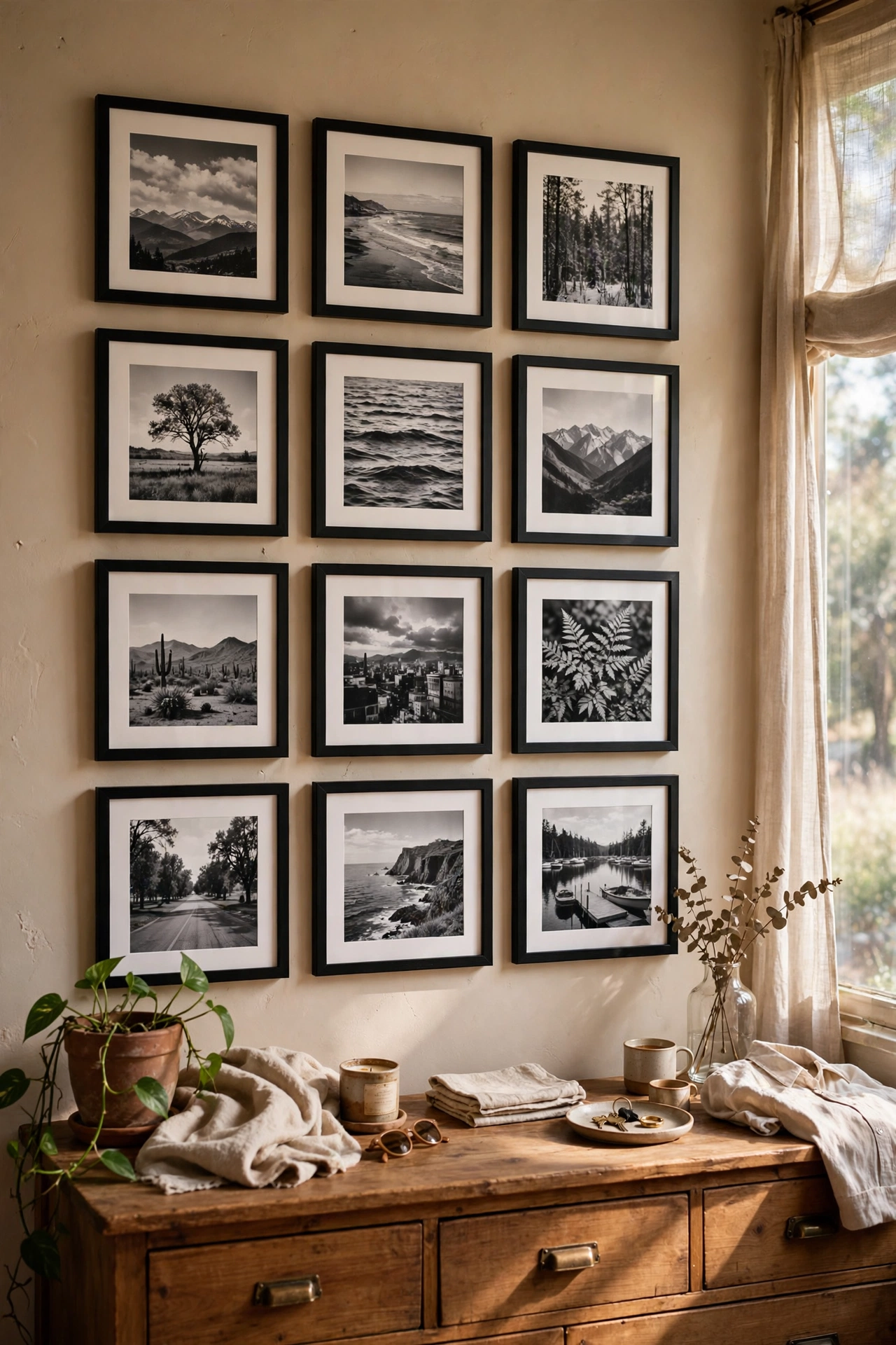 Three-by-four grid of identical black dollar store frames with black-and-white prints