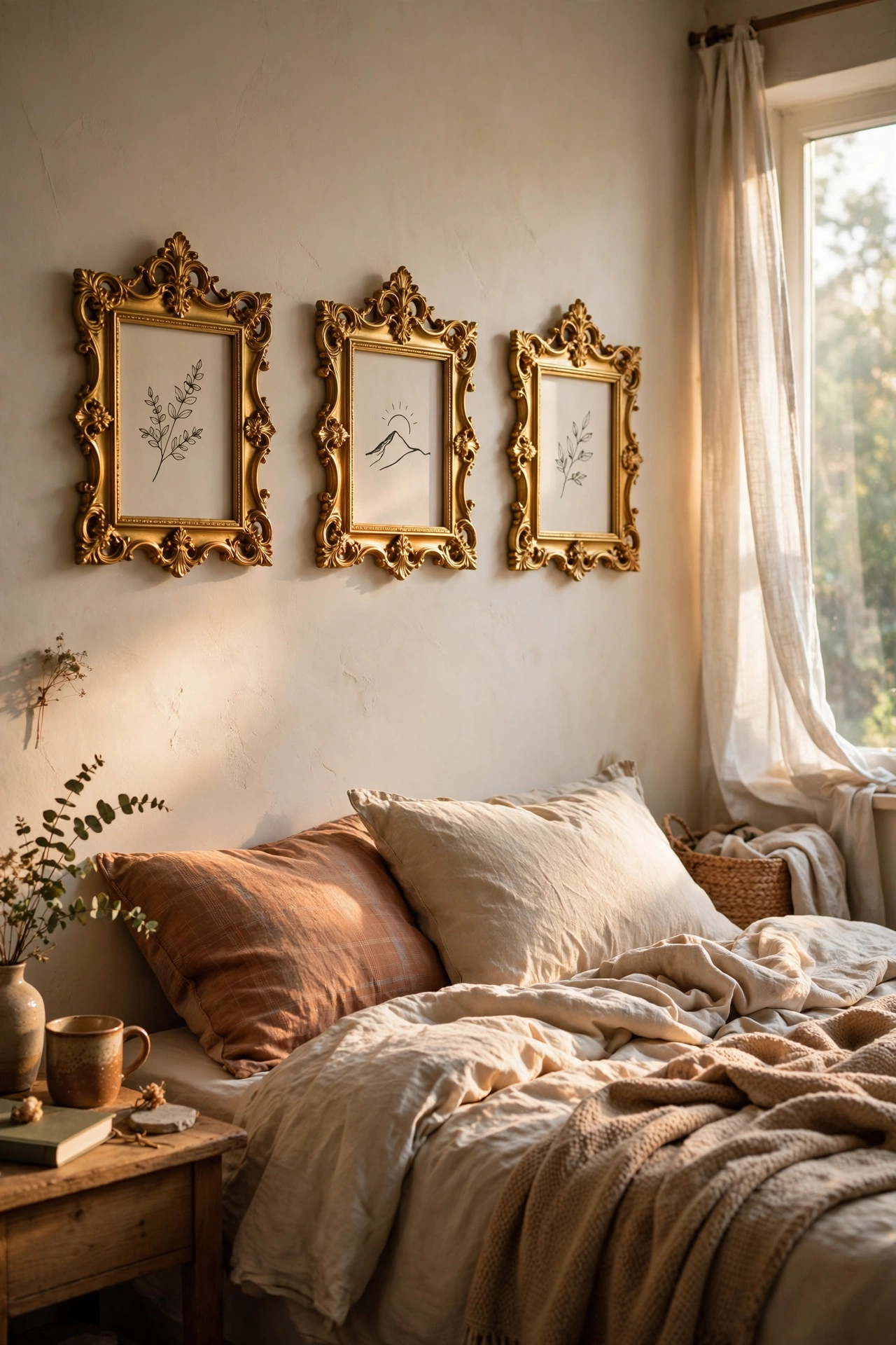 Three ornate dollar store frames spray-painted metallic gold above a bed