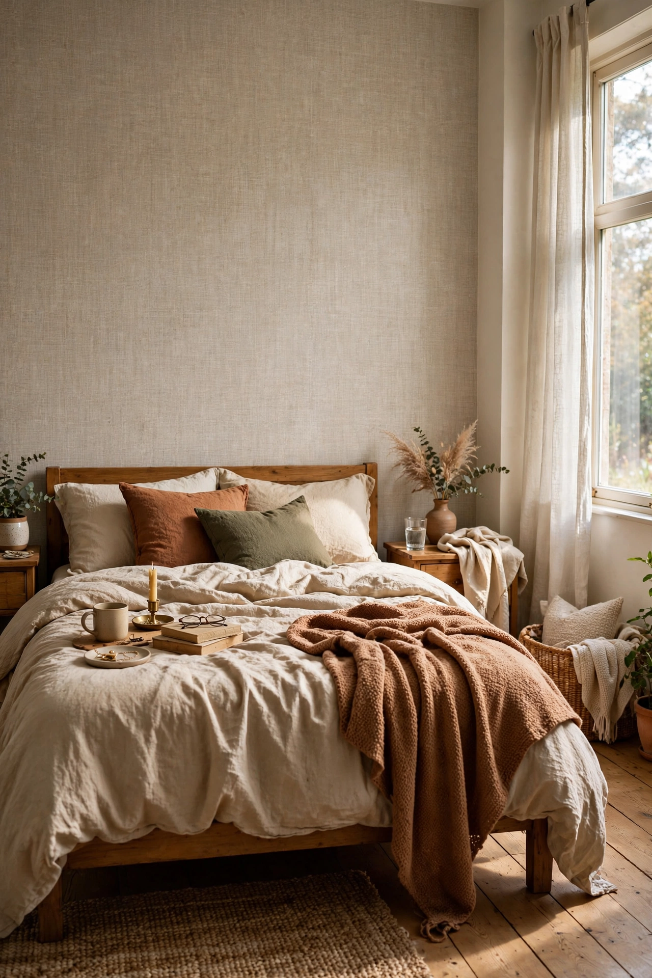 Bedroom accent wall covered in subtle linen-look peel-and-stick wallpaper