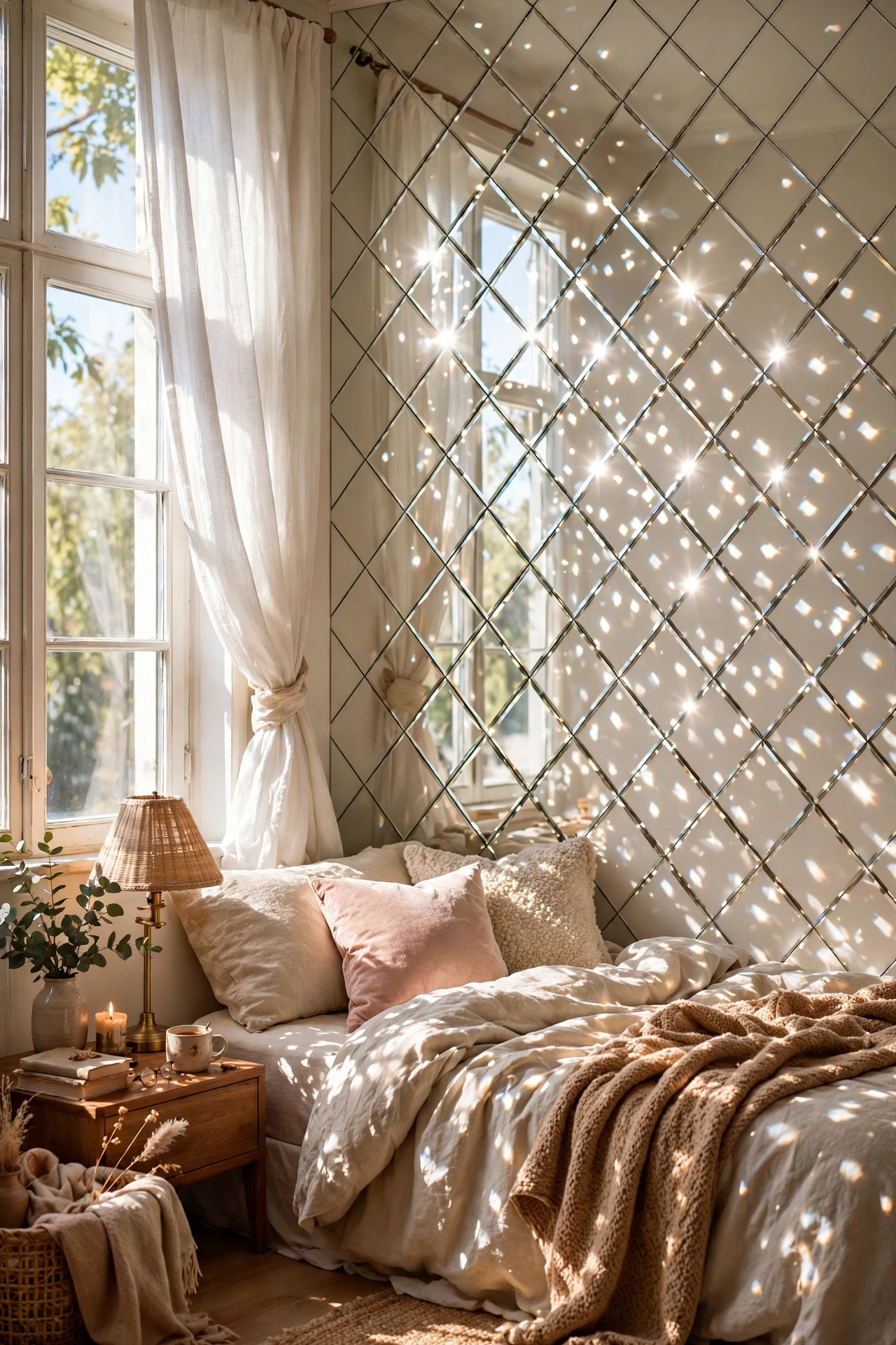 Diamond pattern of peel-and-stick mirror tiles on a bedroom wall catching light