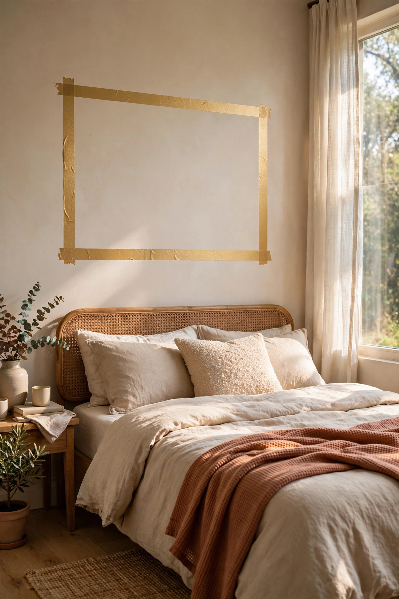 Gold washi tape geometric border rectangle on a bedroom wall above a bed