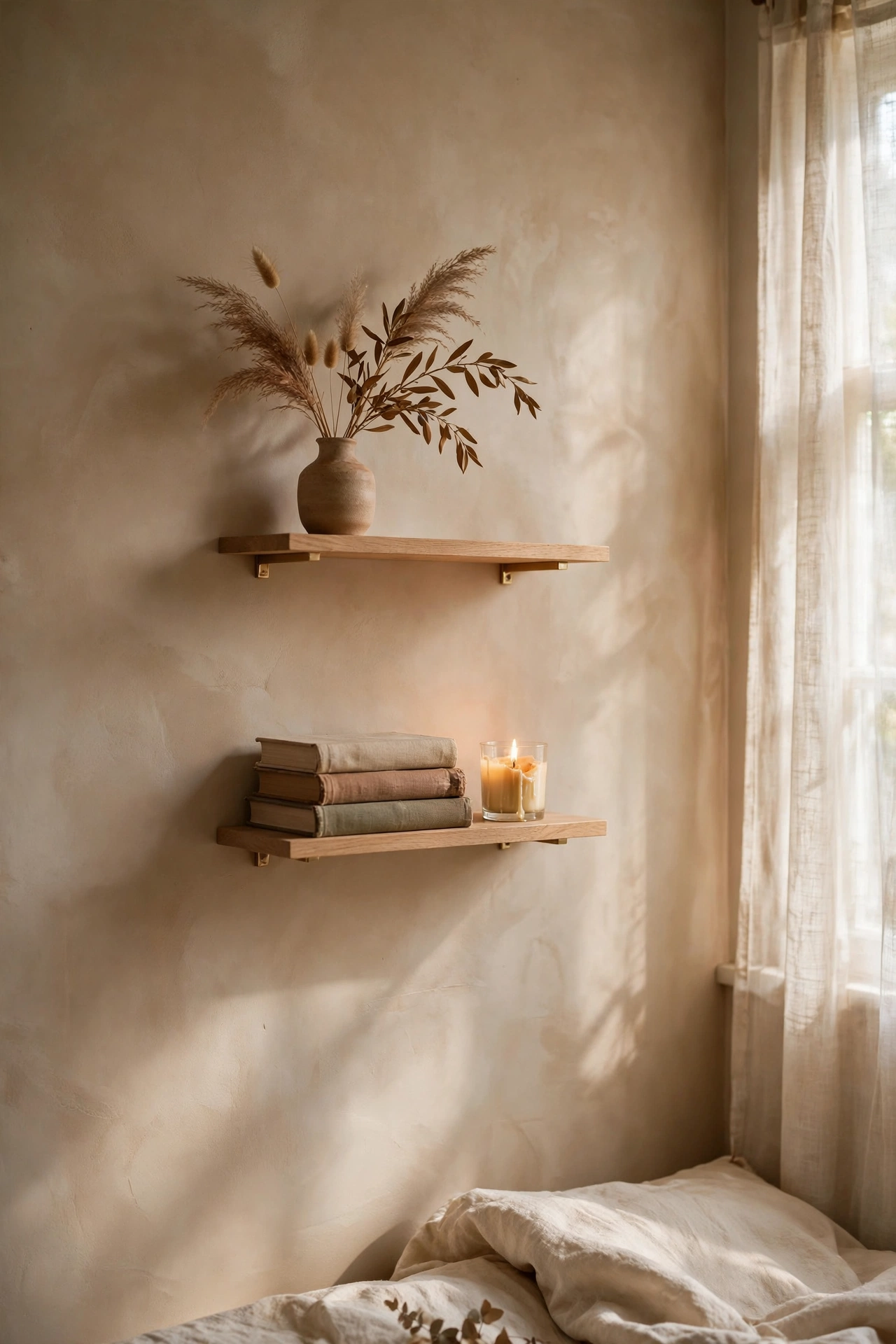 Two small dollar store wall shelves styled sparsely with a vase, books and candle