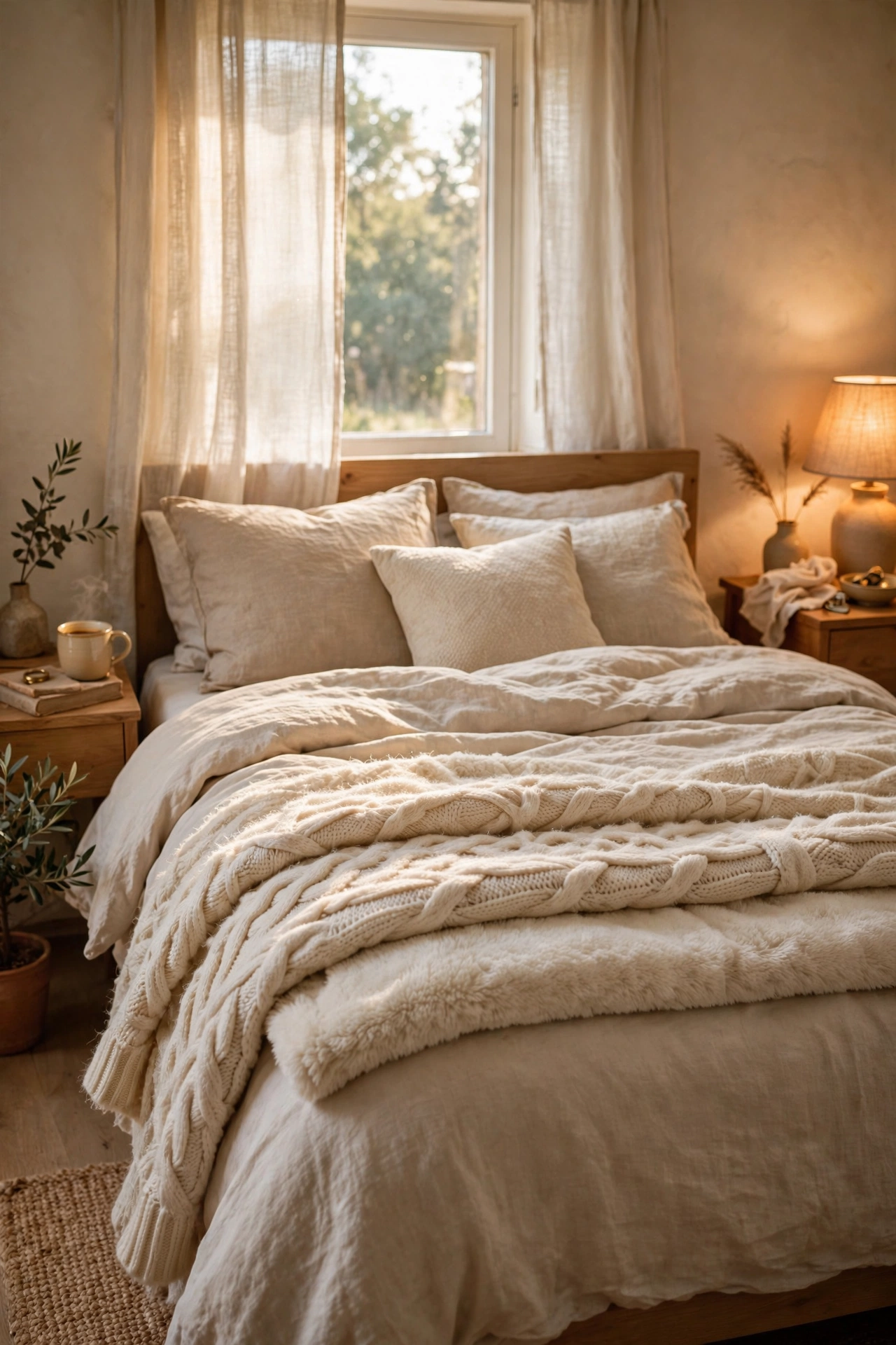 Two cream dollar store throws layered together at the foot of a bed