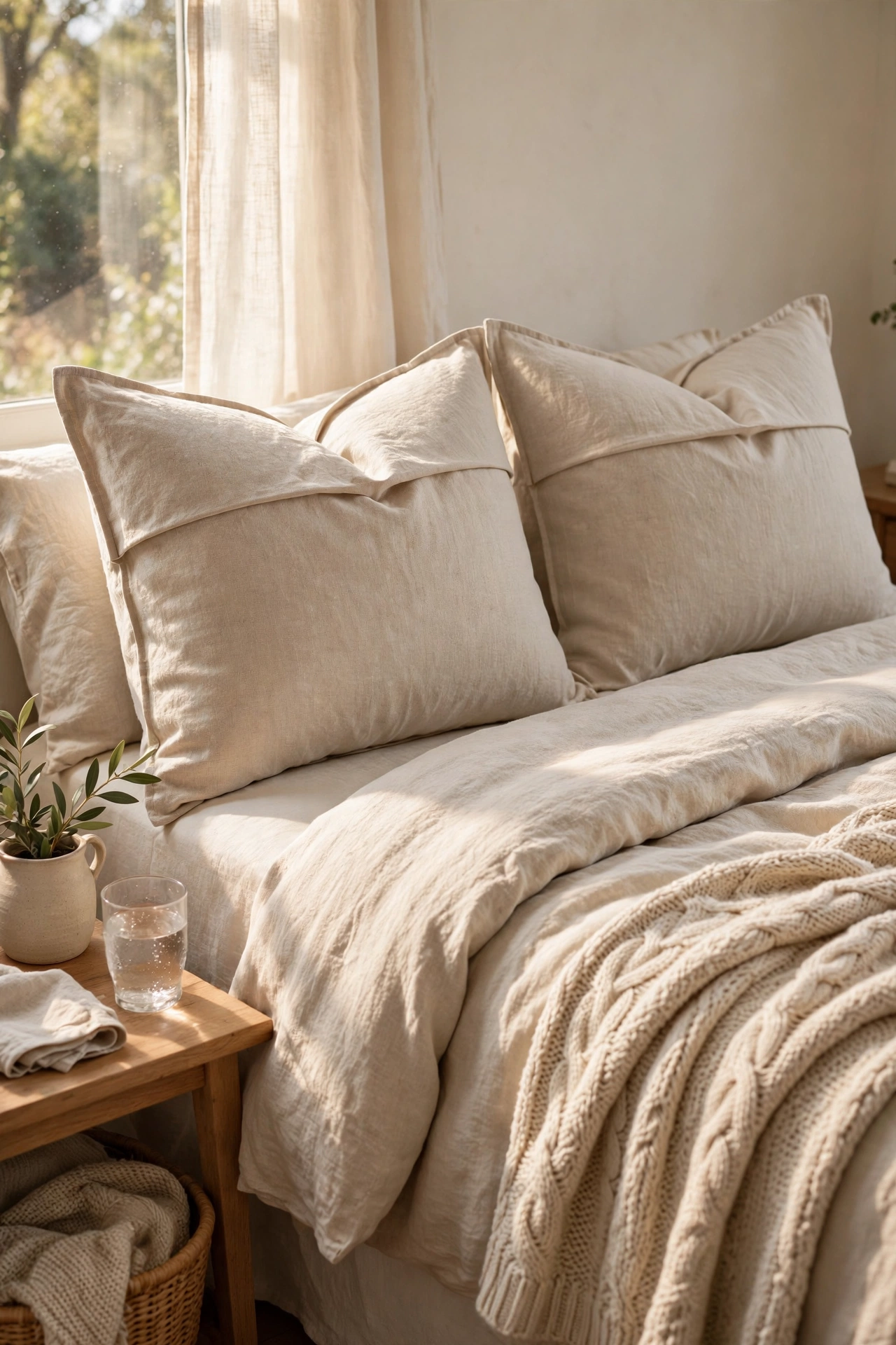 Bed refreshed with textured oatmeal dollar store pillow covers, styled with creases