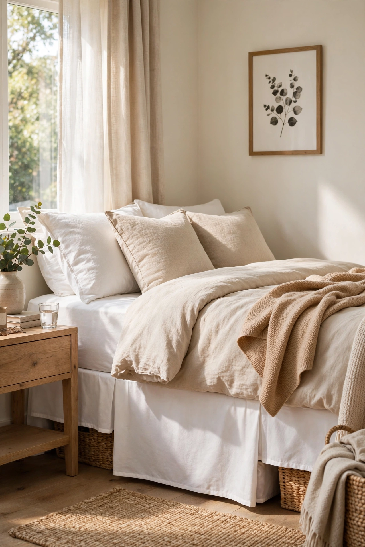 Tailored white bed skirt made from a dollar store flat sheet hiding storage bins