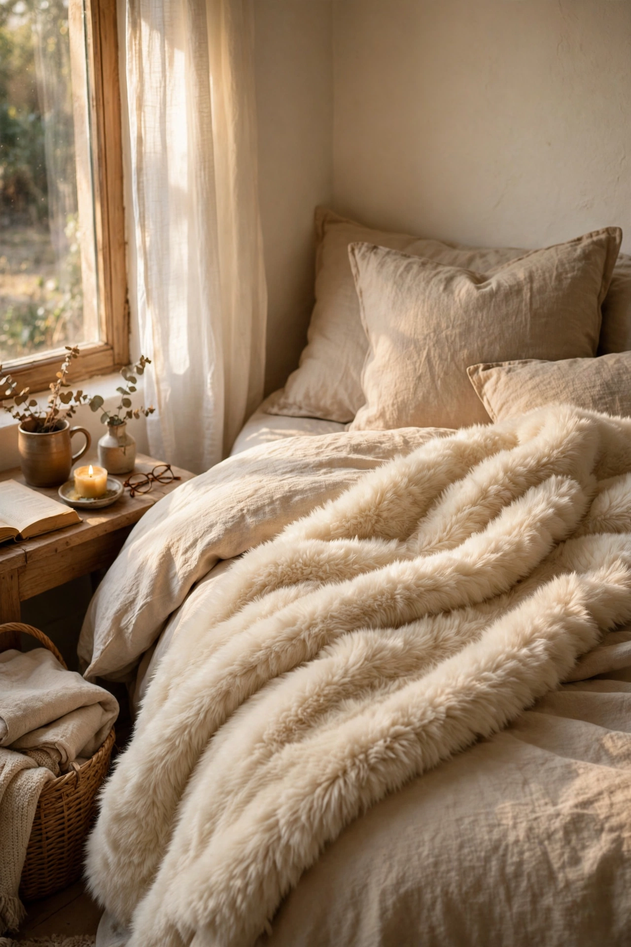 Cream faux fur throw draped diagonally across the corner of a styled bed