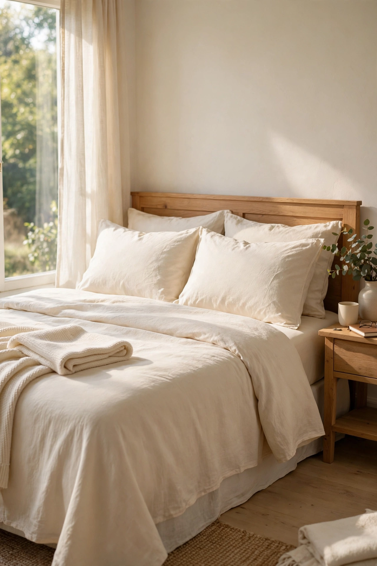 Bed dressed in a matching cream dollar store sheet set looking crisp