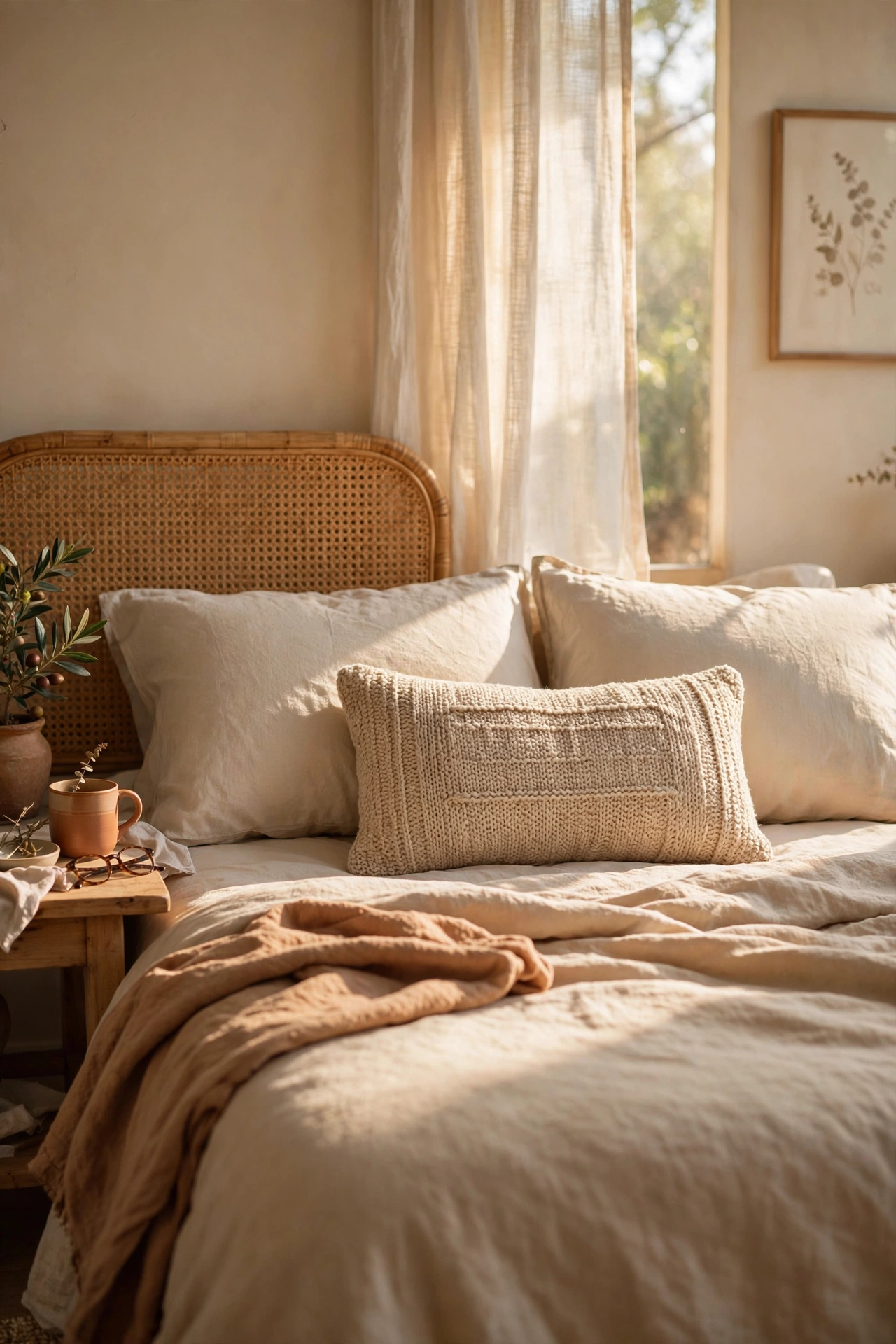 Textured beige lumbar pillow centered in front of sleeping pillows on a bed