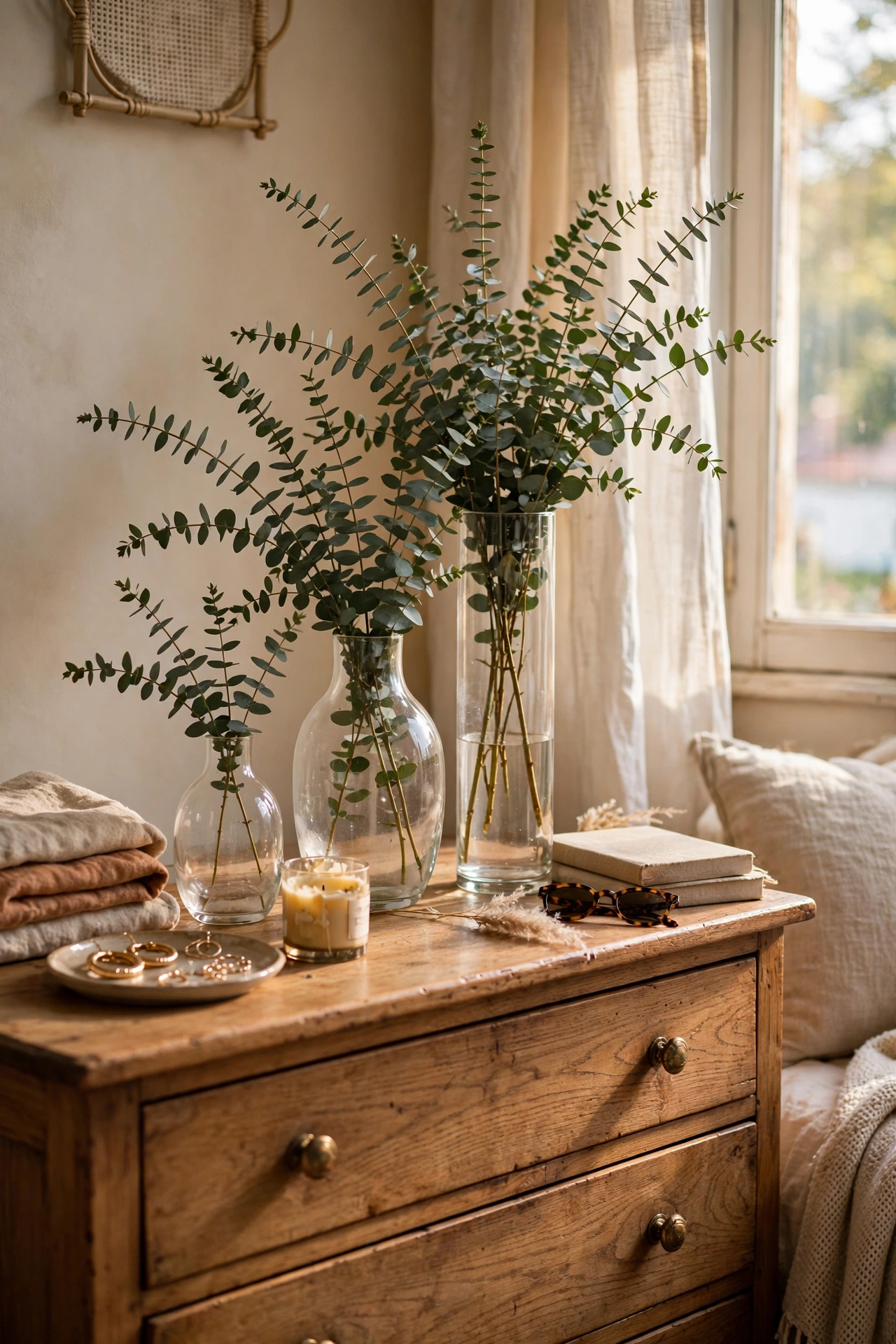 Three graduated glass vases with eucalyptus grouped on a bedroom dresser