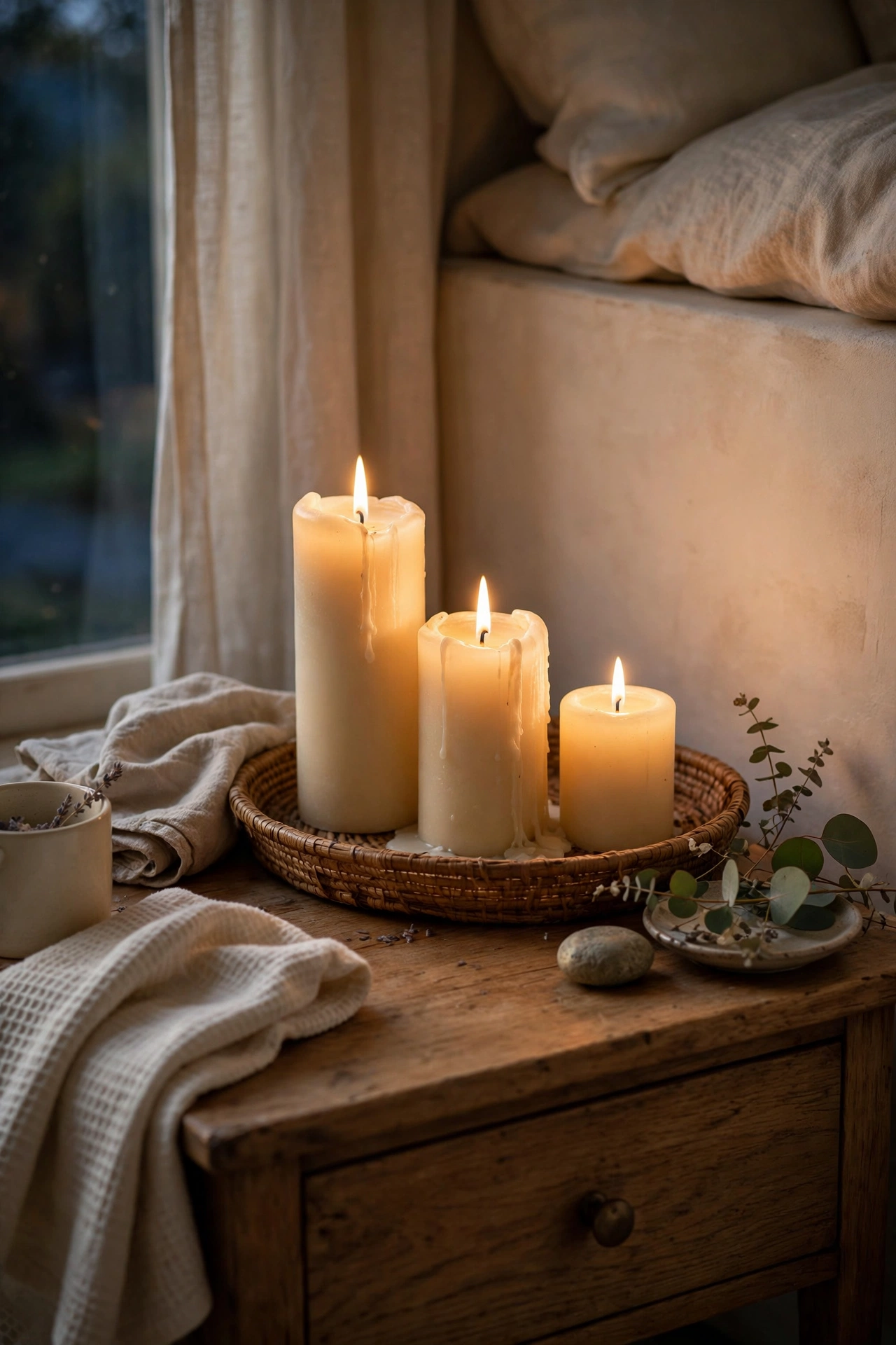 Three cream pillar candles at varied heights on a tray glowing on a nightstand