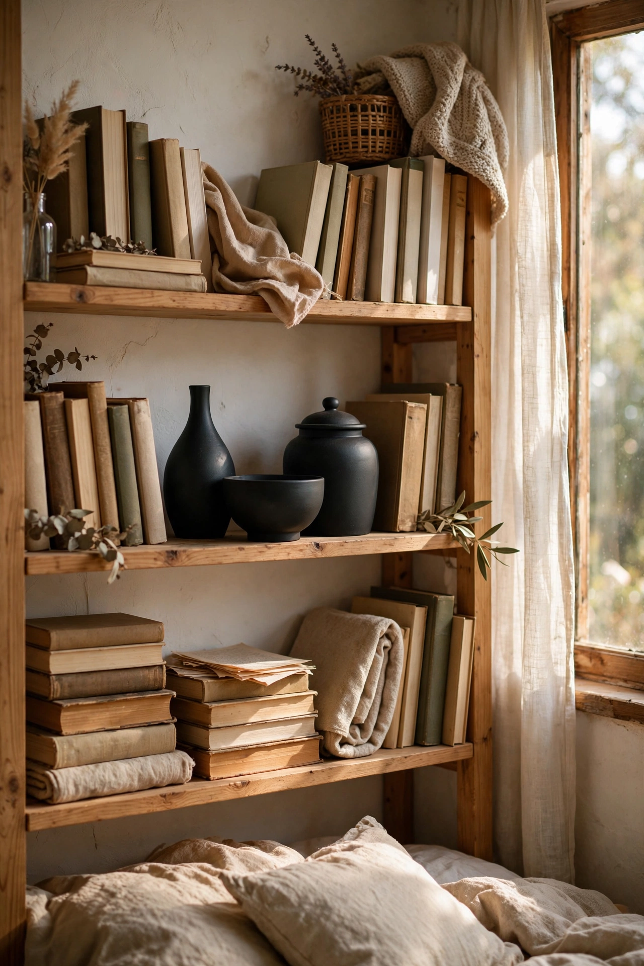 Three ceramic objects spray-painted matte black grouped on a bedroom bookshelf