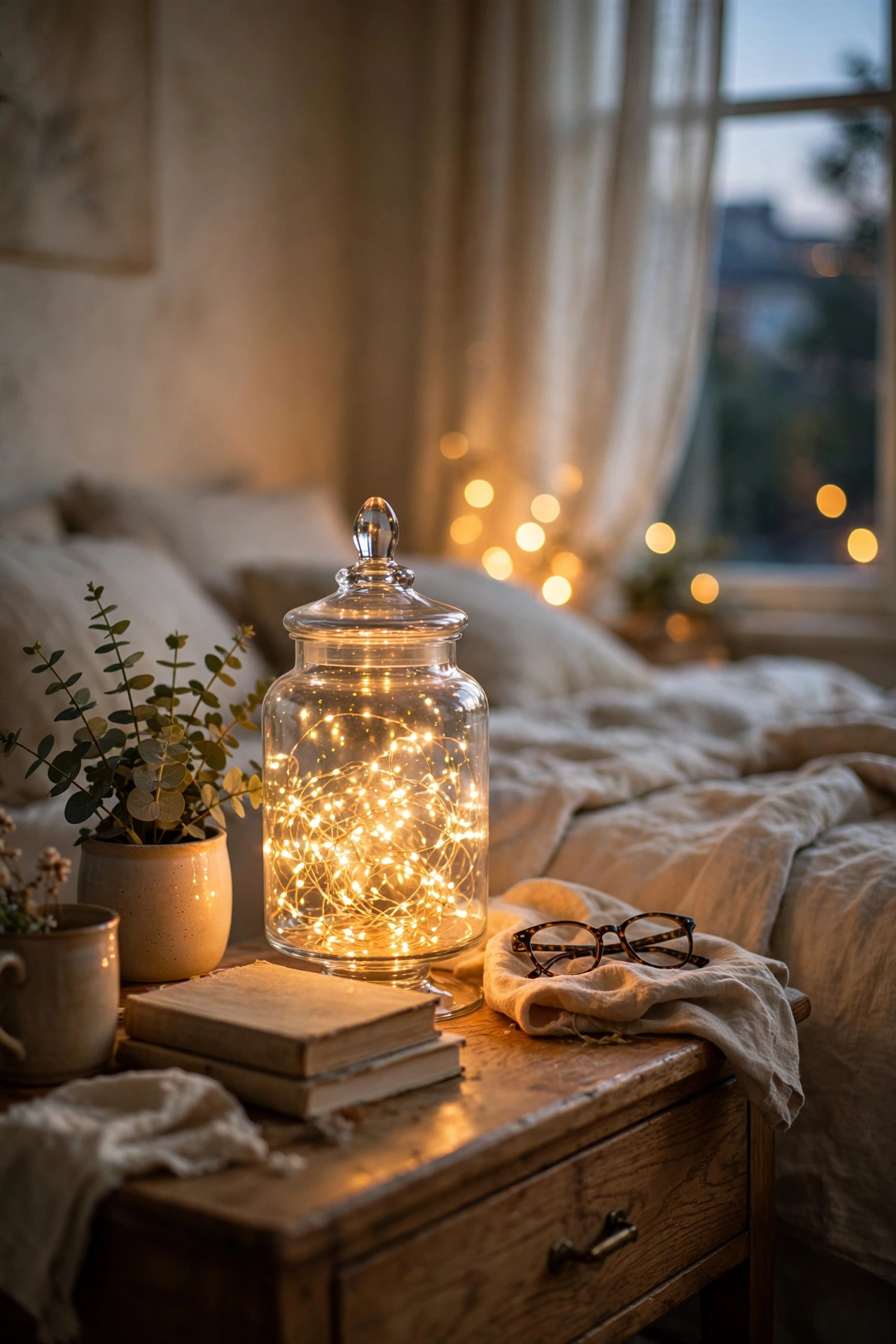 Warm fairy lights glowing inside a glass apothecary jar on a nightstand