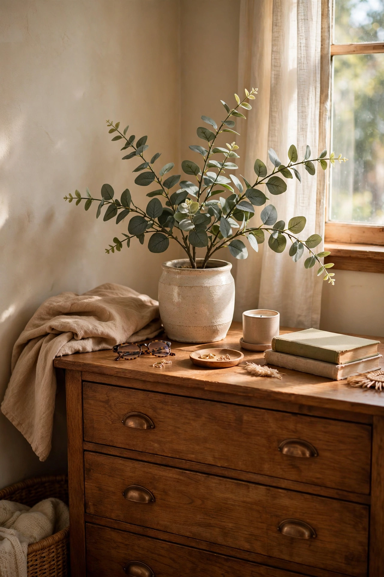 Faux eucalyptus stem in a ceramic pot on a bedroom dresser looking real