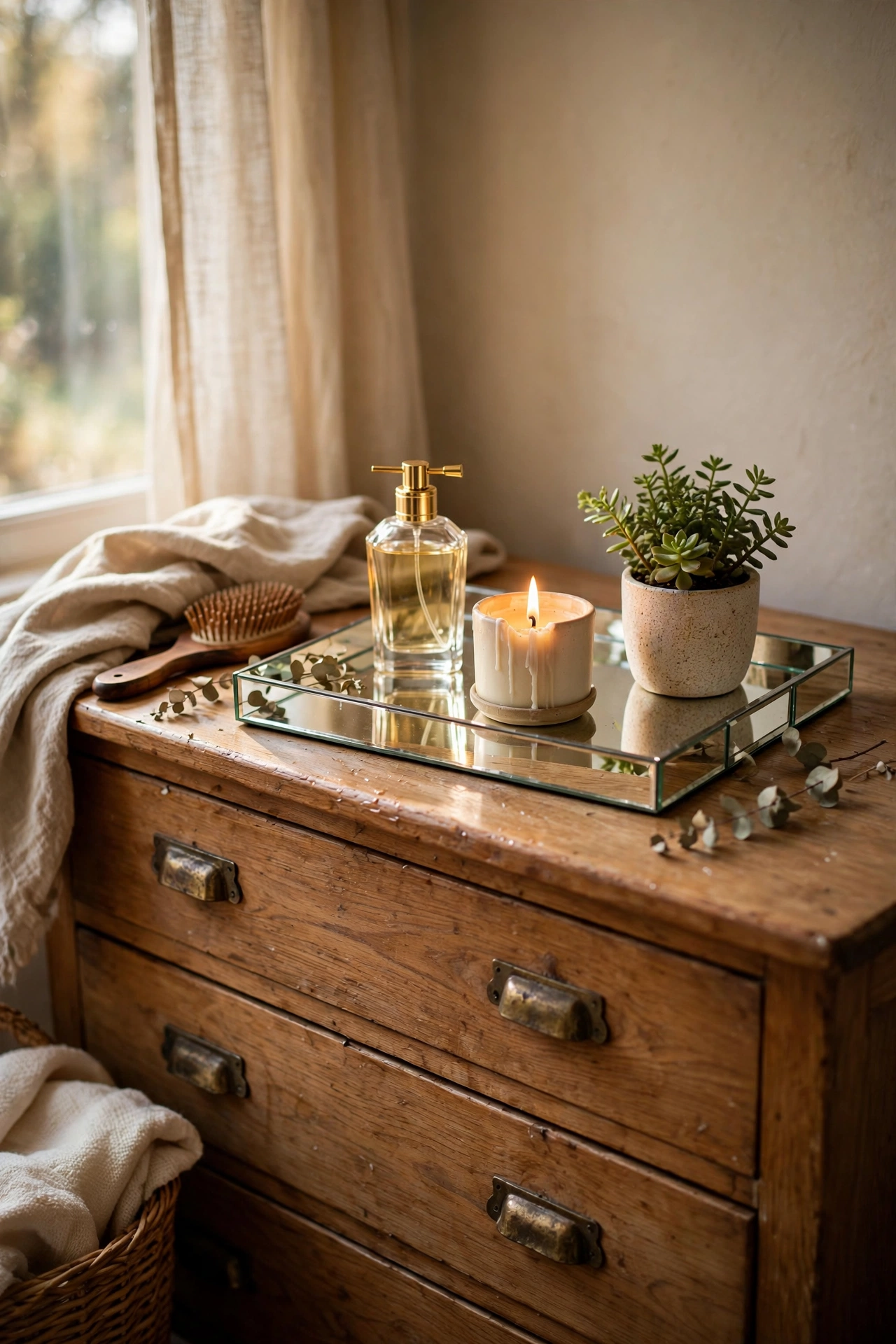 Mirrored decorative tray corralling perfume, candle and plant on a dresser