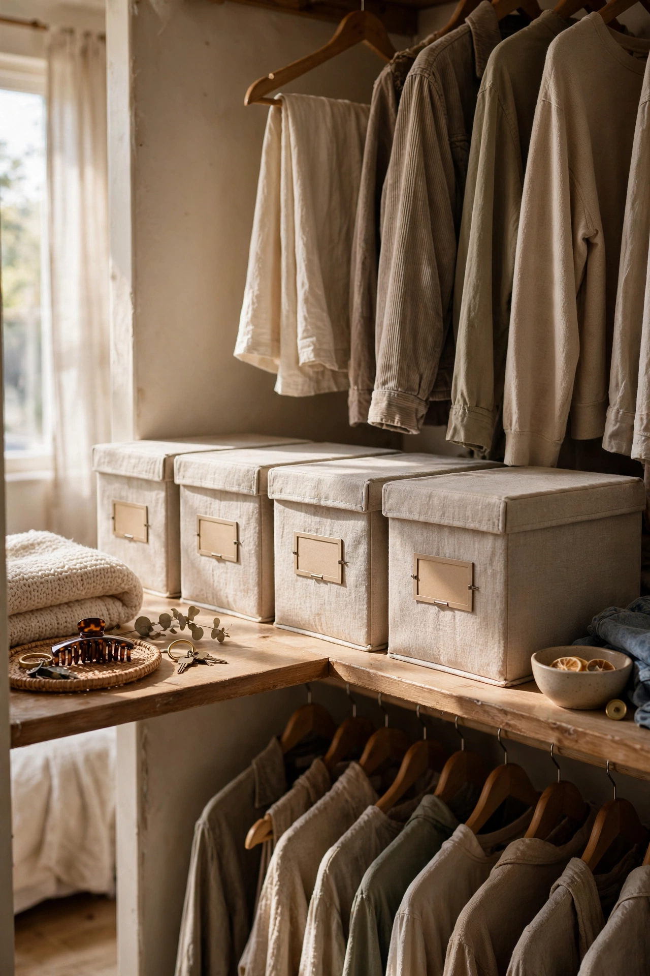 Four matching linen-look storage boxes labeled and stacked on a closet shelf