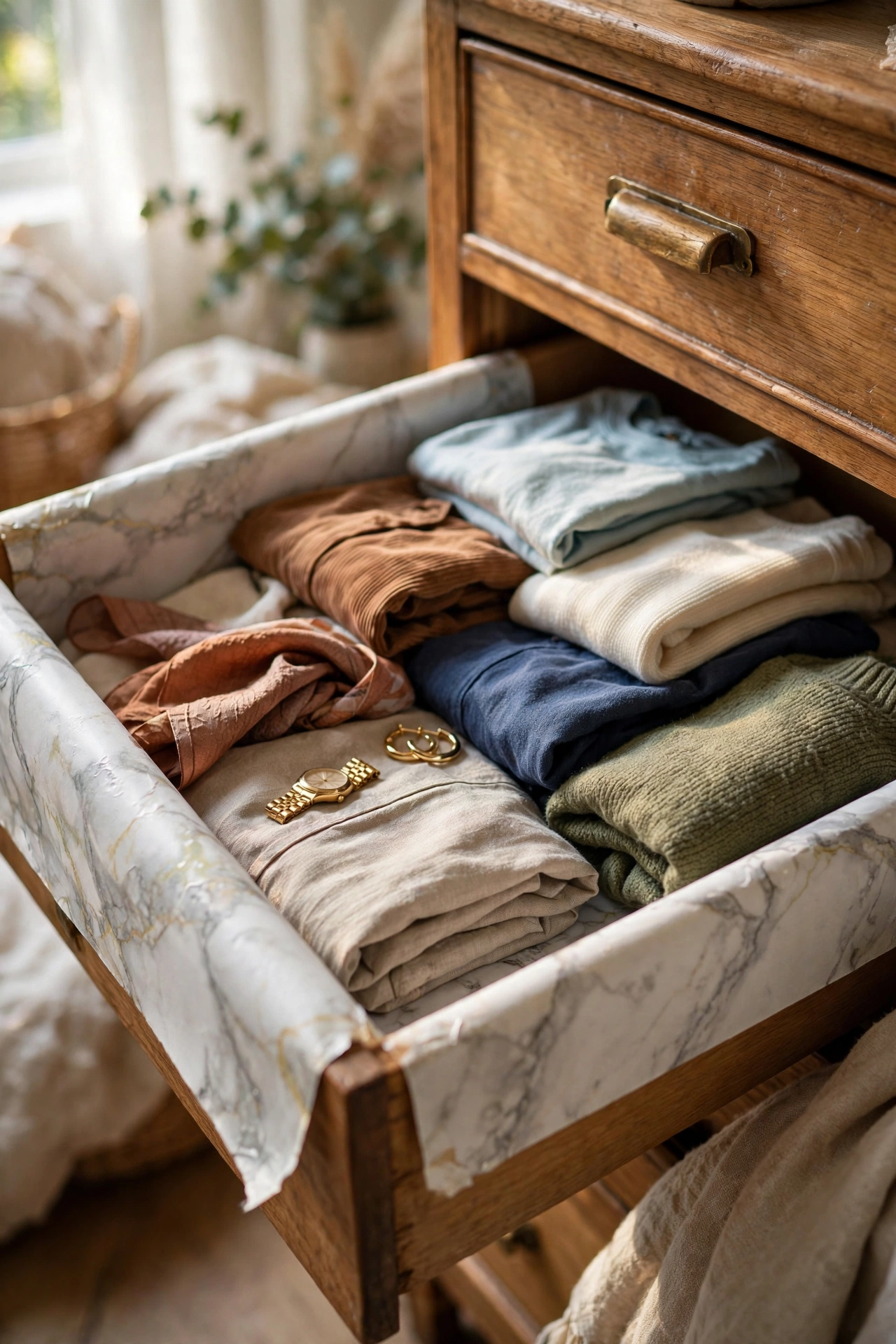 Dresser drawers lined with marble-look contact paper, clean and luxurious