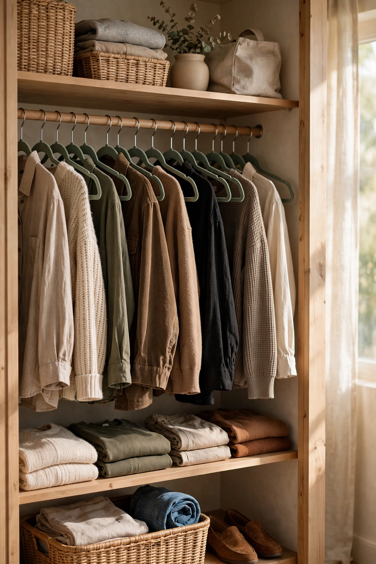 Closet with clothes on matching slim velvet hangers looking boutique and orderly