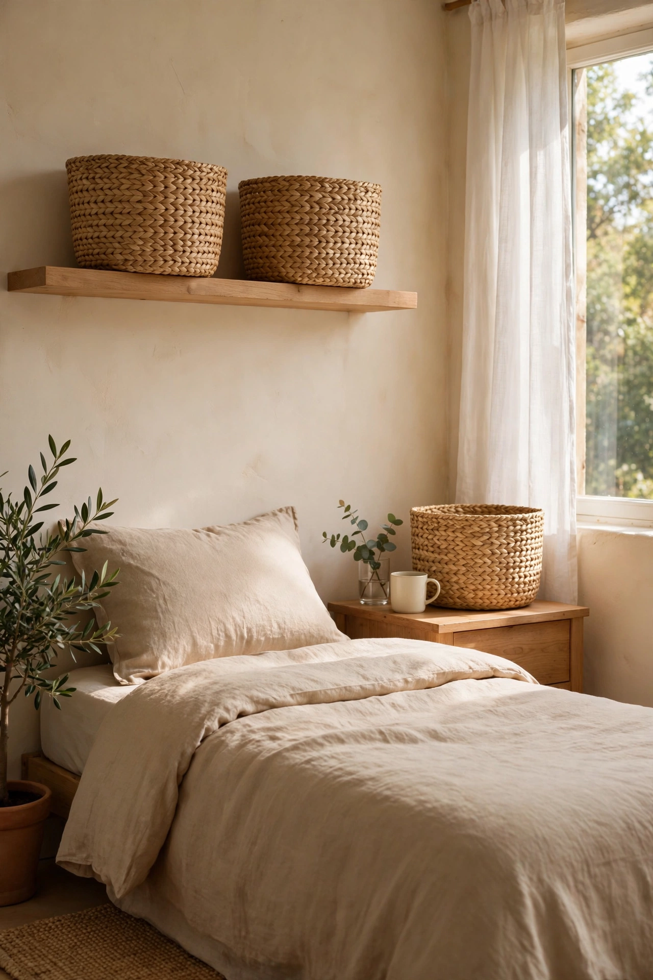 Three matching woven-look baskets organizing bedroom surfaces and shelves