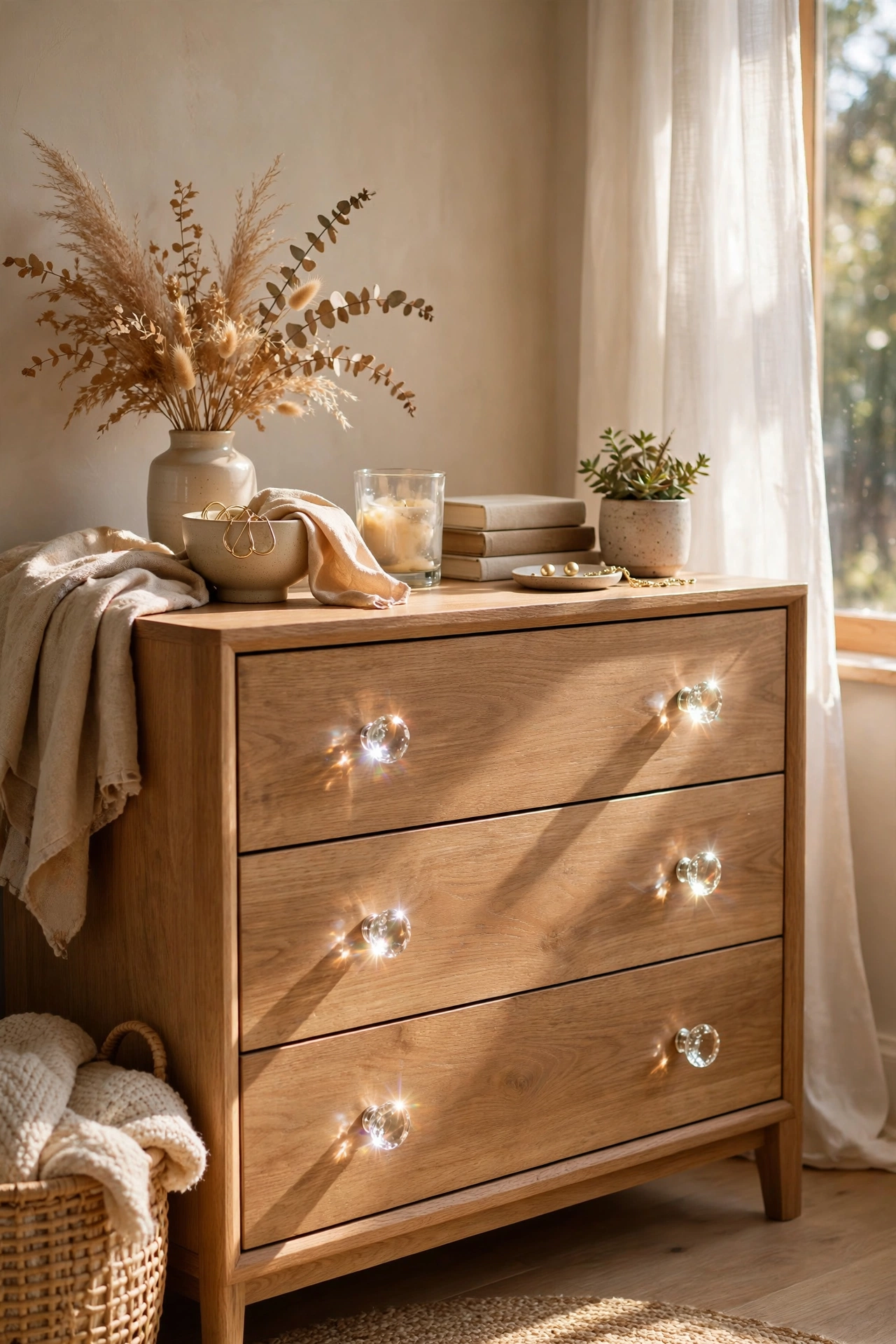 Dresser with dated knobs replaced by glass-look dollar store knobs