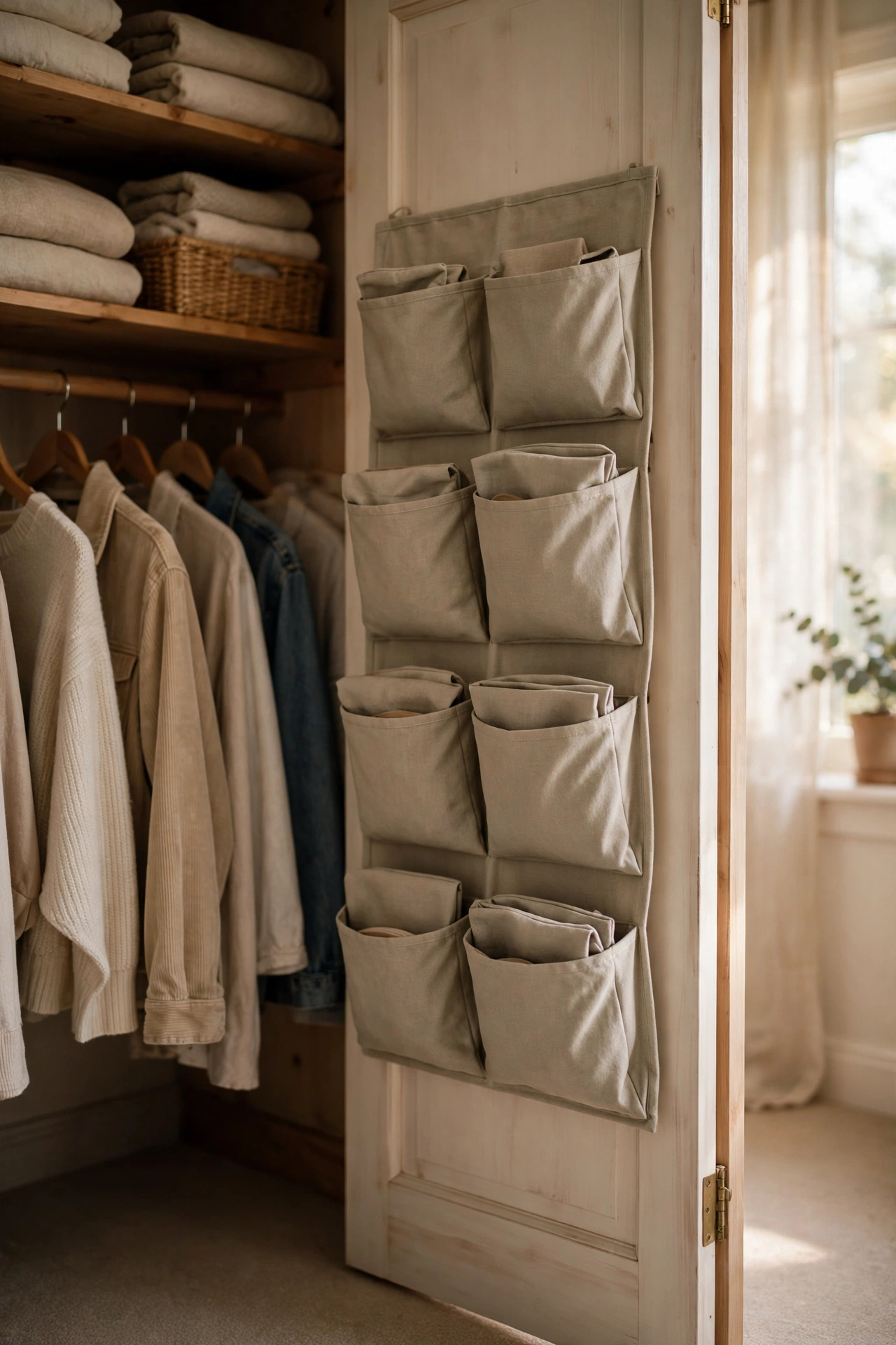 Over-door organizer inside a closet door with matching pouches in the pockets
