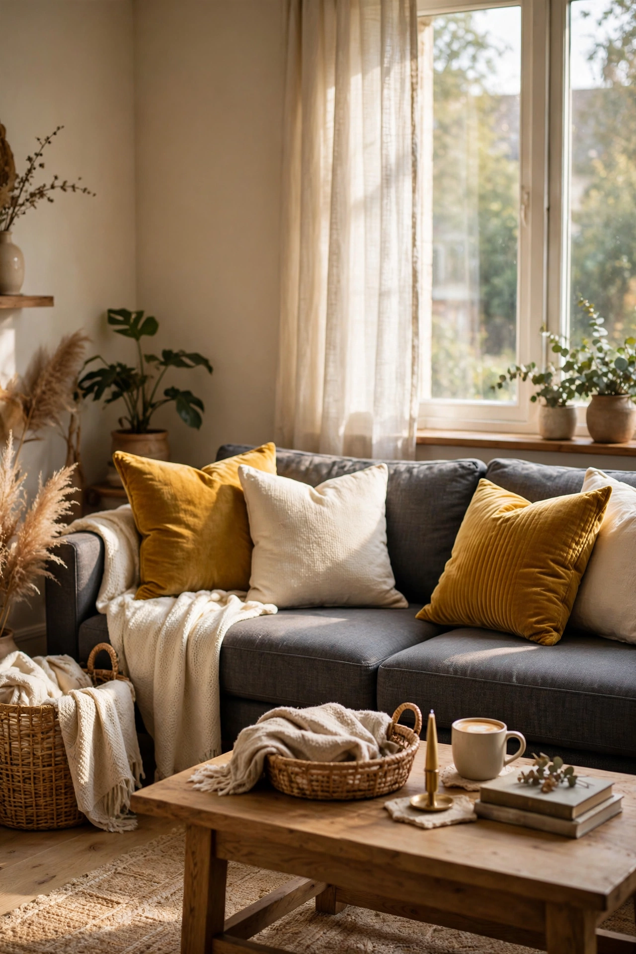 Charcoal gray living room decor with mustard yellow velvet throw pillows on a dark gray sofa