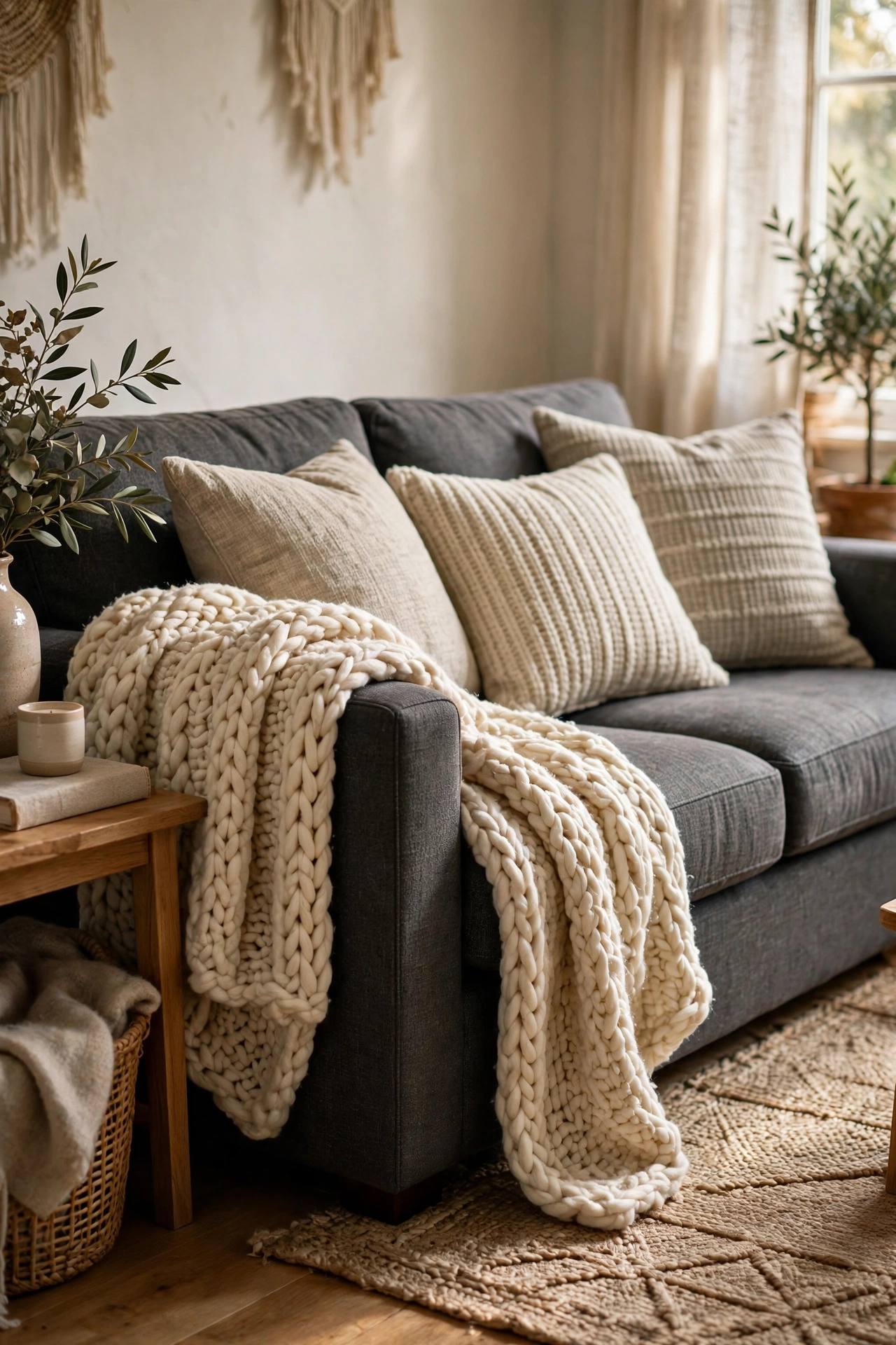 Cozy charcoal gray living room with a cream chunky knit throw draped over a gray sofa