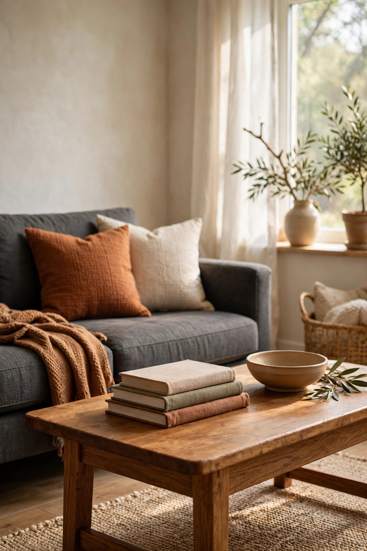 Charcoal gray living room decor with a warm oak wood coffee table styled with books