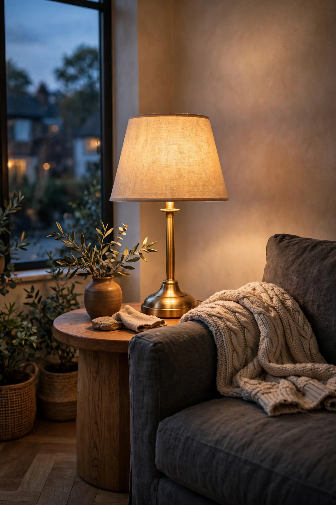 Charcoal gray living room with a brushed brass table lamp casting warm light