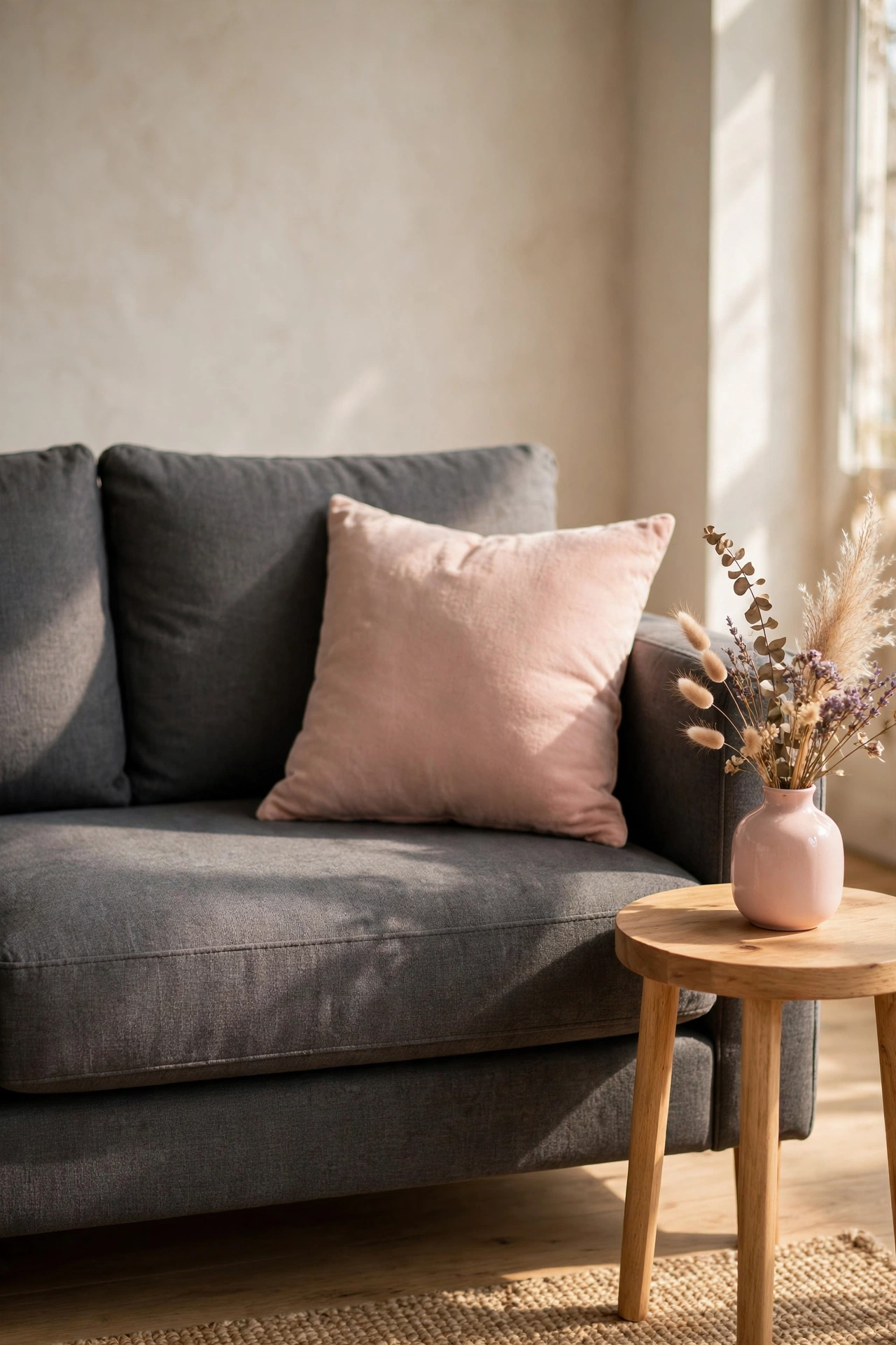 Charcoal gray living room decor softened with blush pink throw pillow and vase