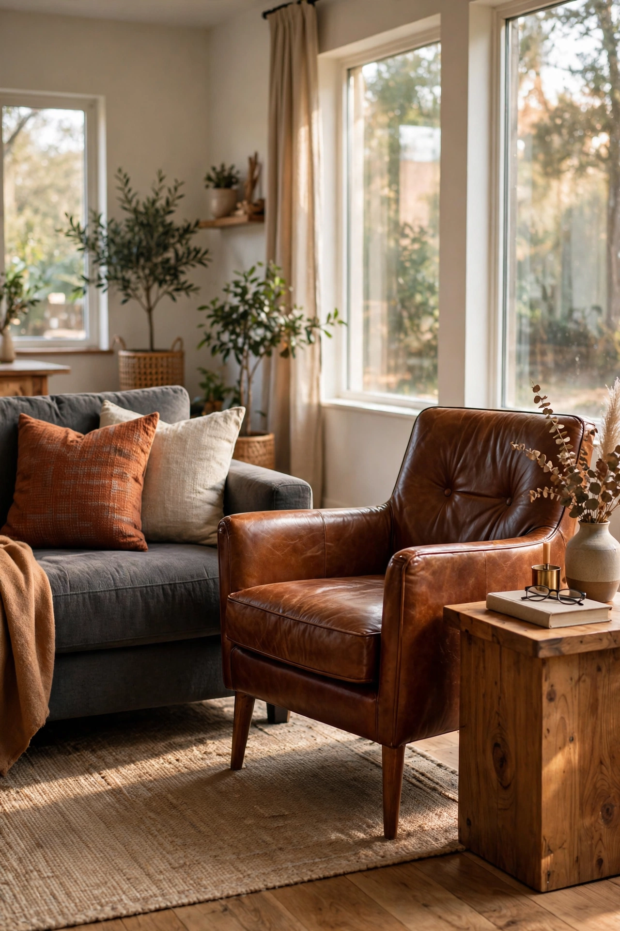 Charcoal gray living room with a cognac brown leather accent chair