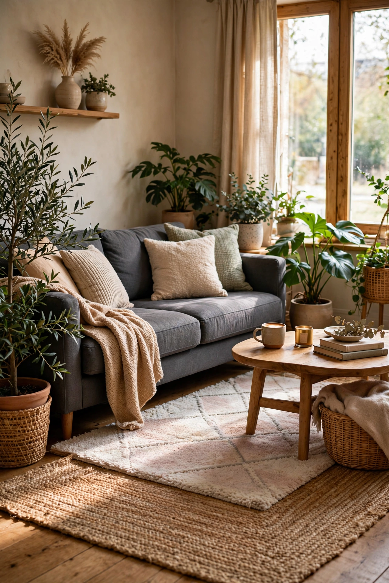 Charcoal gray living room decor with a natural jute area rug under the sofa