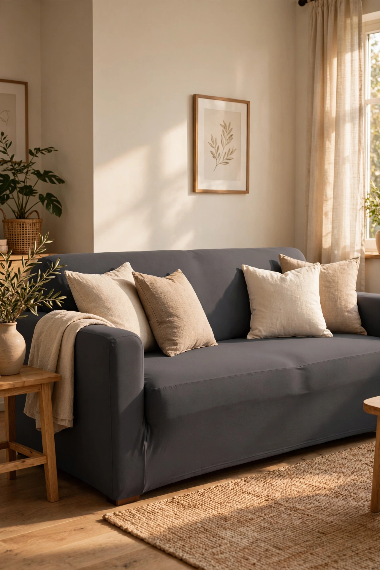 Beige sofa transformed with a charcoal gray stretch slipcover in a cozy living room